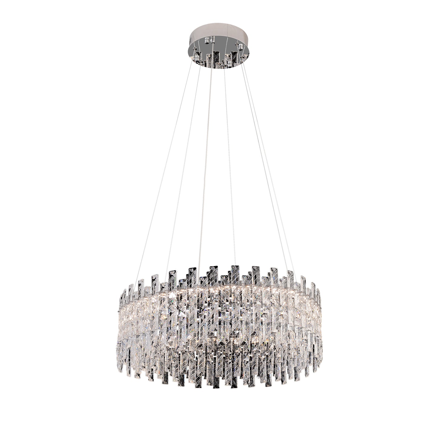 Elegant layered crystal ring light fixture suspended from chrome canopy