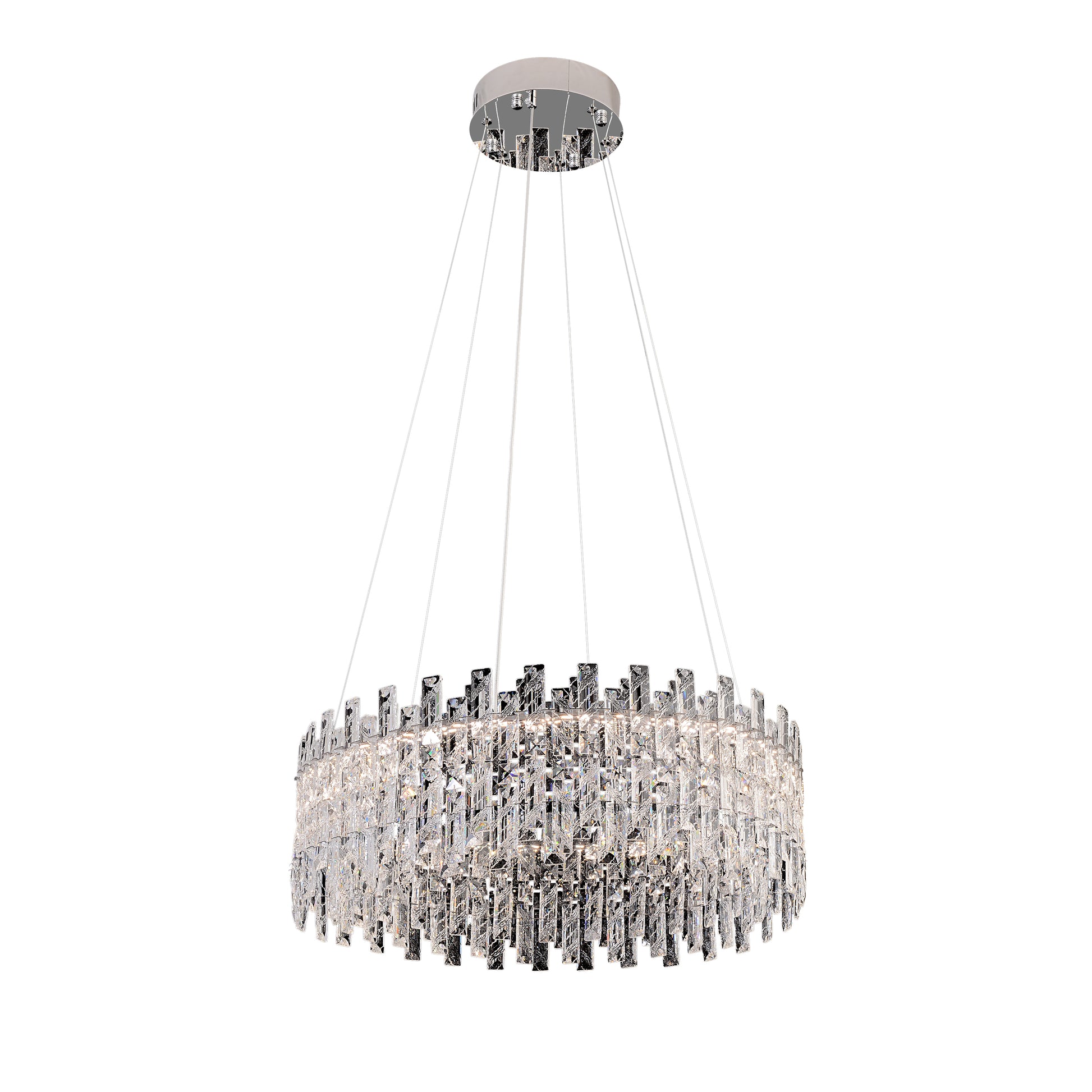 Elegant layered crystal ring light fixture suspended from chrome canopy