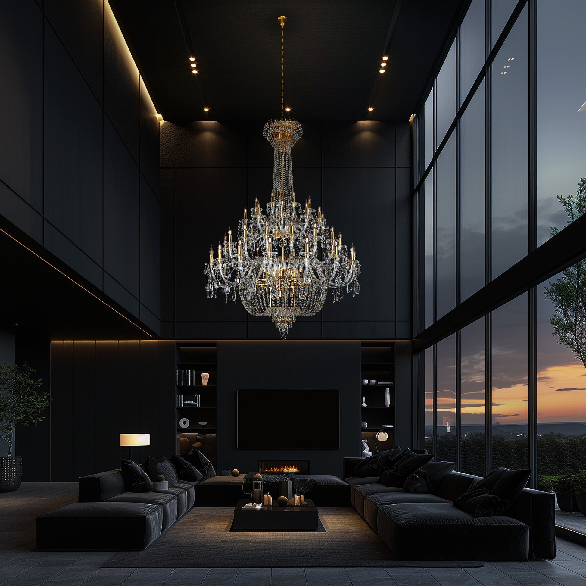 Gold crystal chandelier illuminating classic living room interior with black interior design 