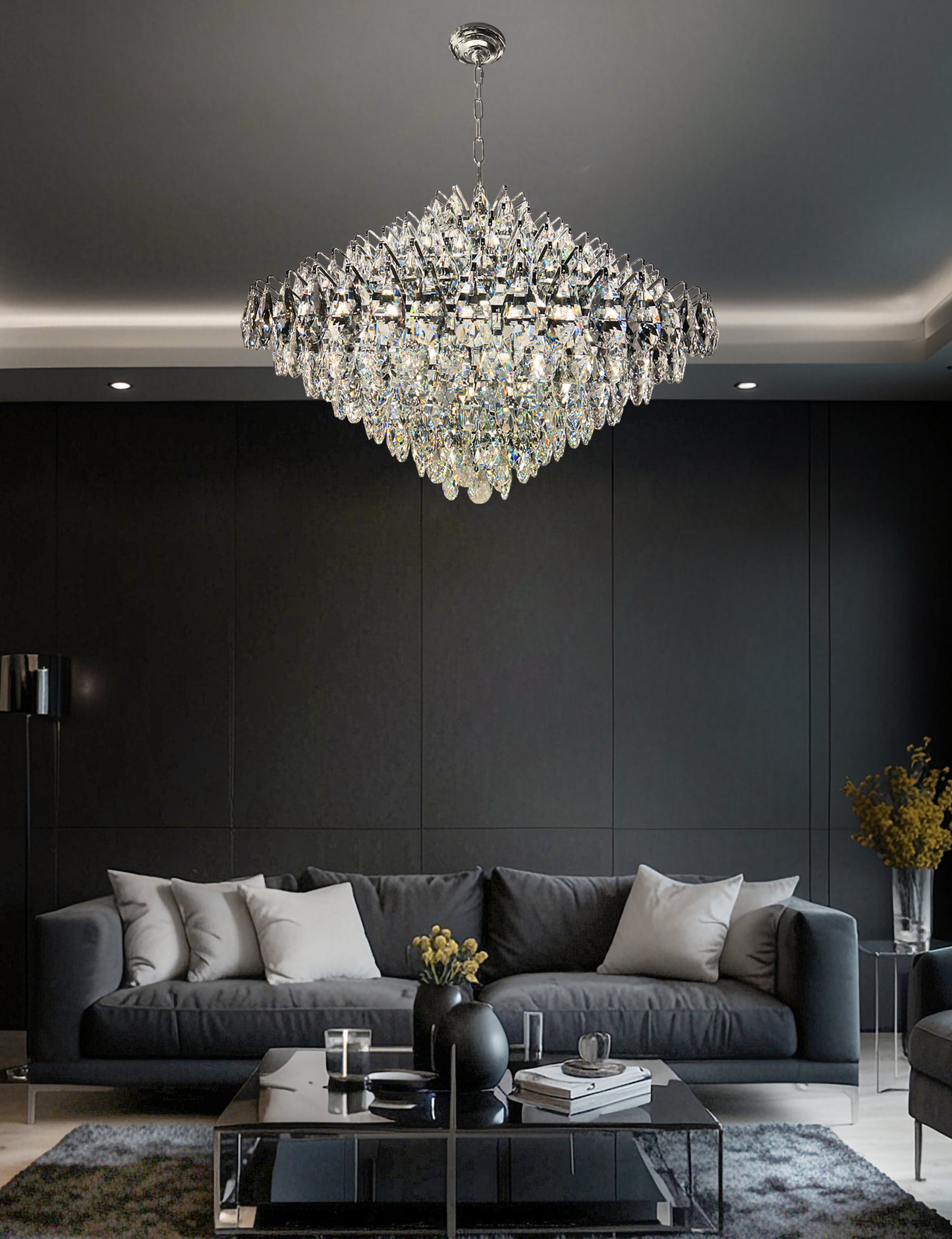 Empire Style Chrome Crystal Chandelier adding glamour to a high-ceiling modern living room décor.
