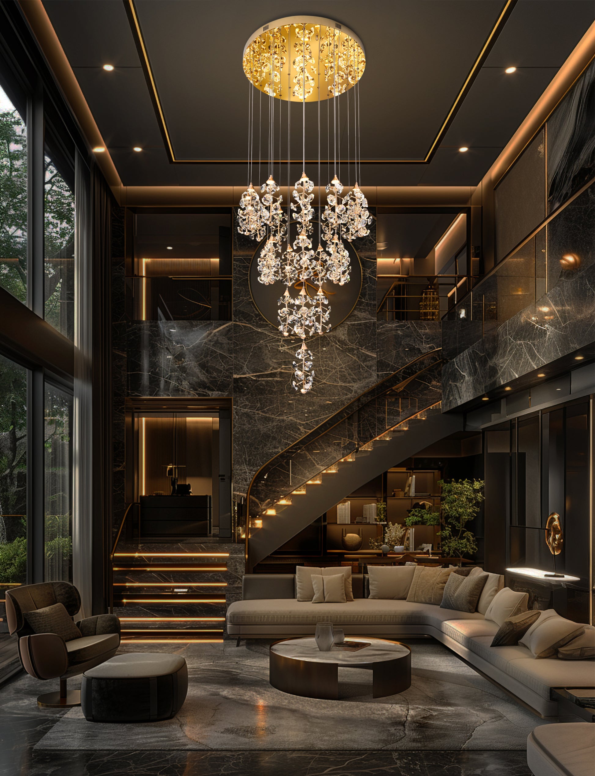 Tall LED cascading crystal chandelier lighting a modern foyer and staircase