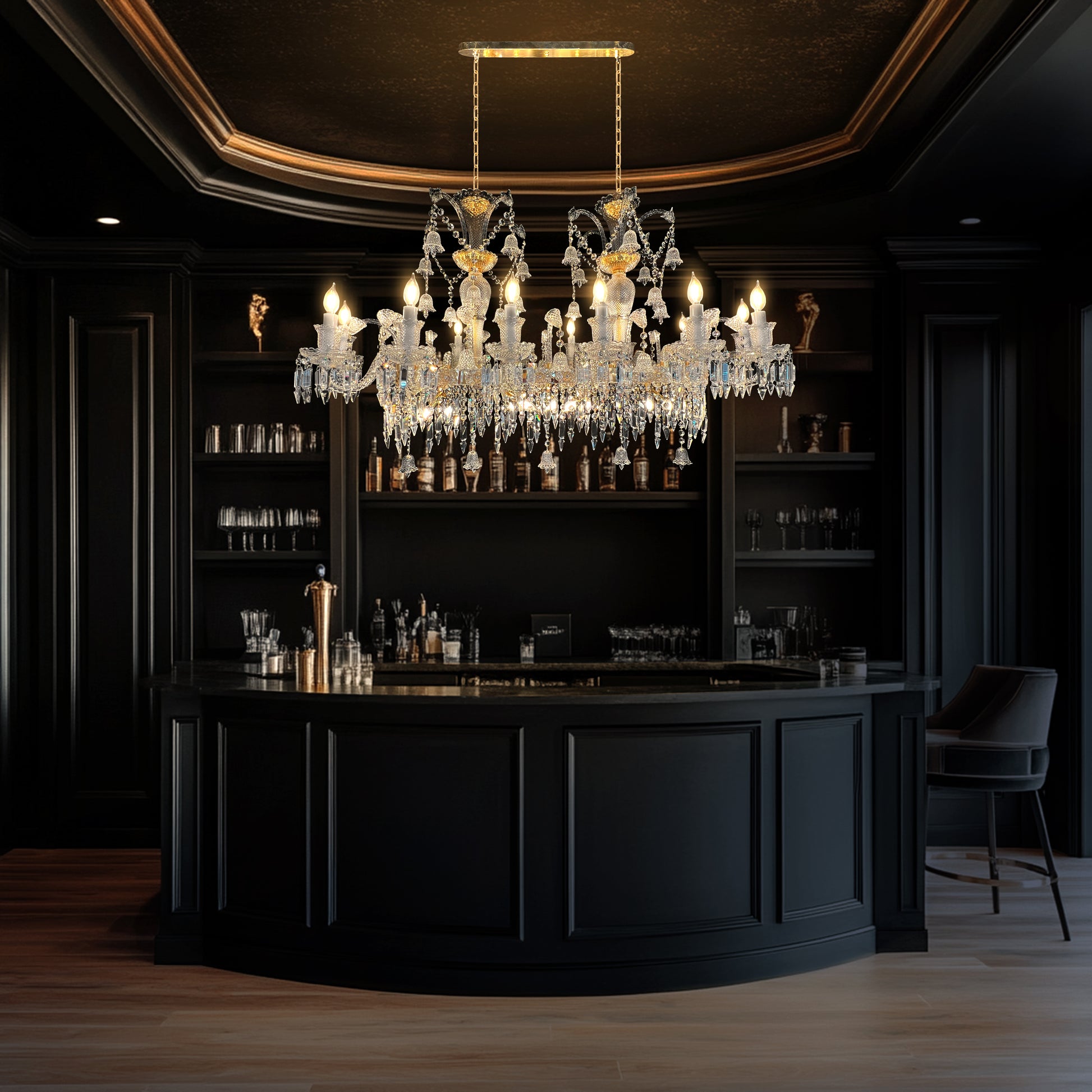Luxurious bar setting with a chandelier in a dimly lit room
