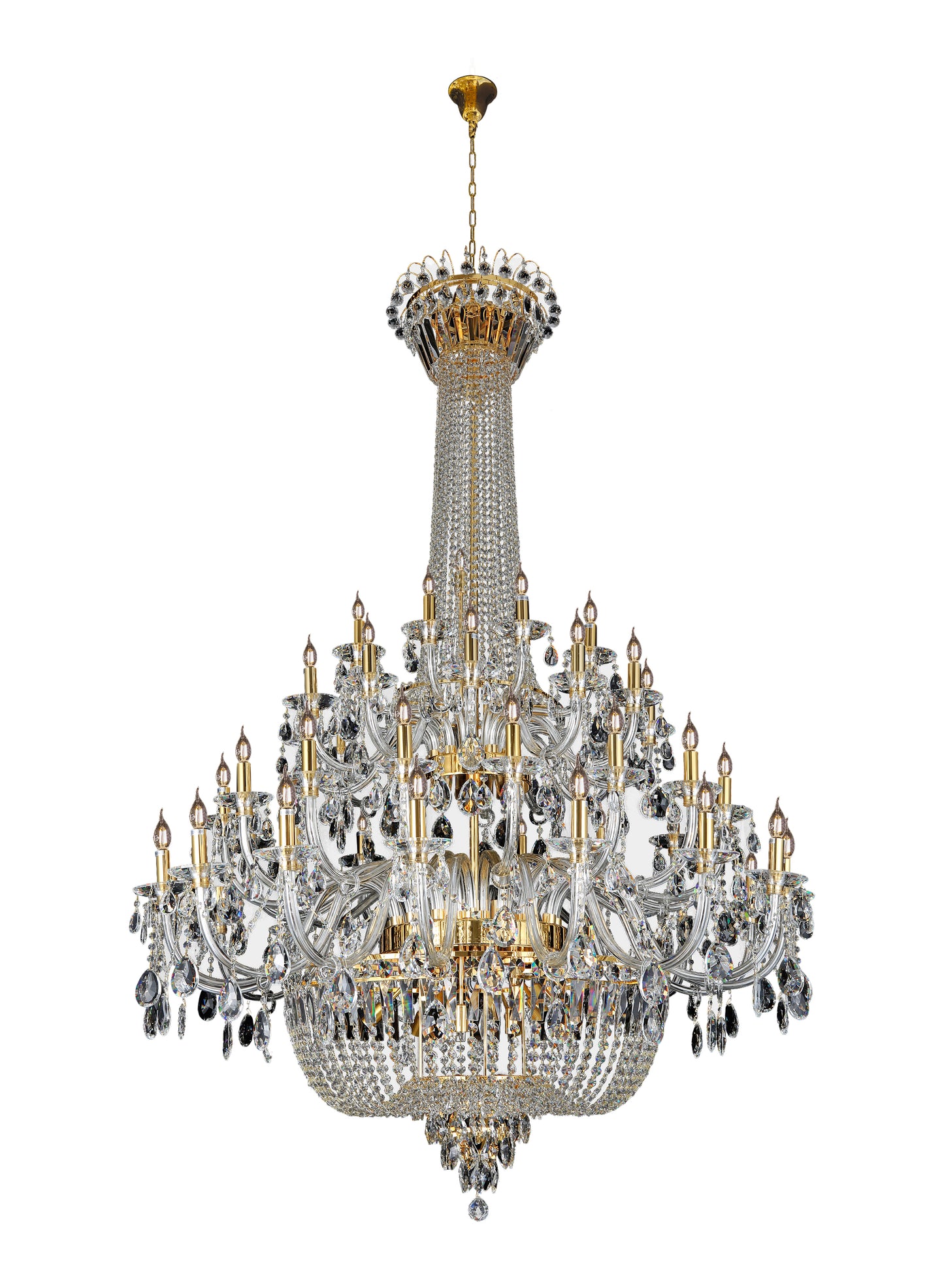 Full angle view of classic empire gold crystal chandelier radiating timeless elegance.”