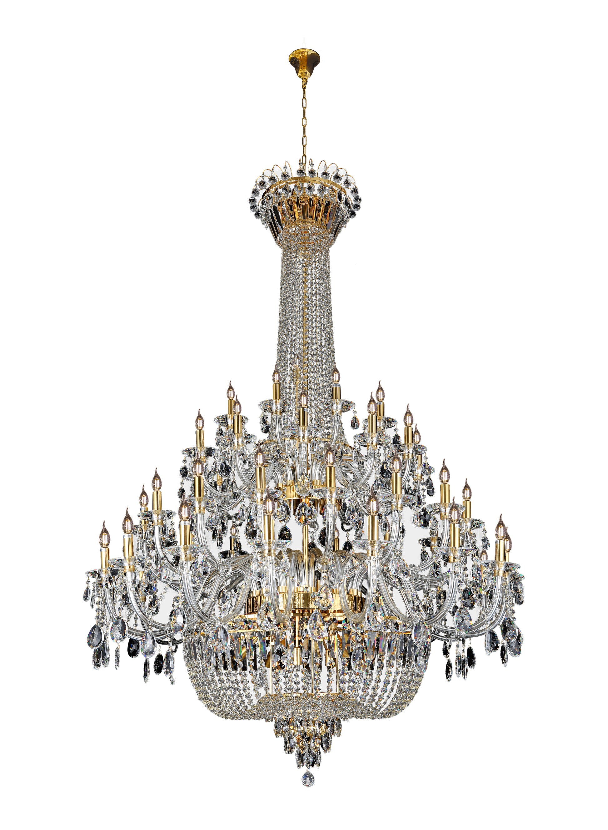 Full angle view of classic empire gold crystal chandelier radiating timeless elegance.”