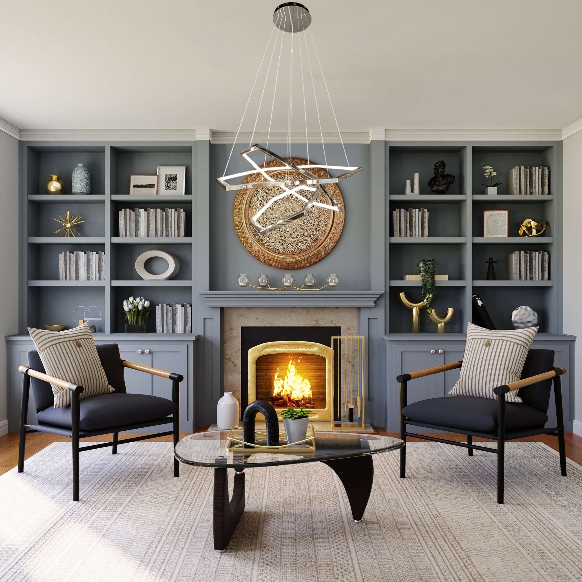 Contemporary chrome LED chandelier in elegant home setting