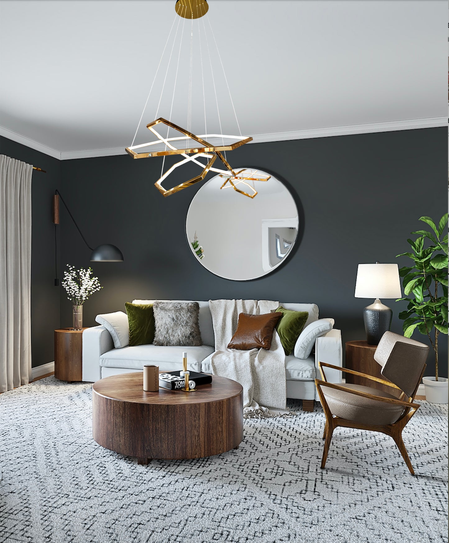 Contemporary gold LED chandelier in elegant home setting