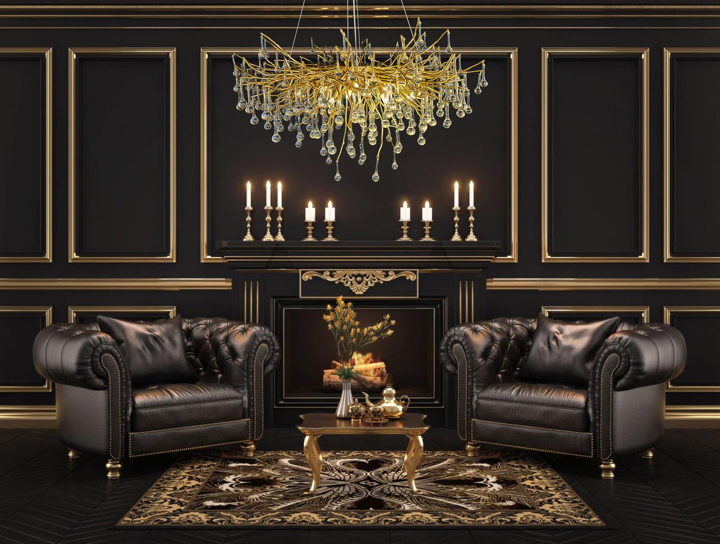 Gold branch glass chandelier in dark luxury living room interior
