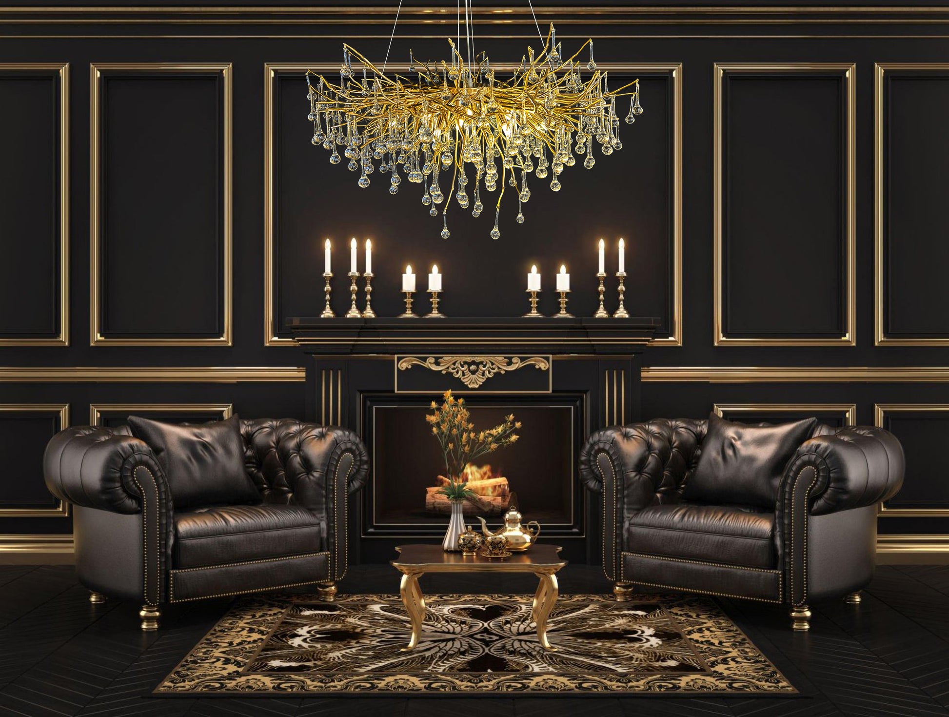 Gold branch glass chandelier in dark luxury living room interior
