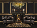 Gold branch glass chandelier in dark luxury living room interior
