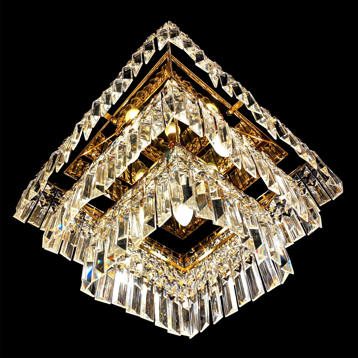 Bottom angle view of gold 3 tier crystal chandelier prisms
