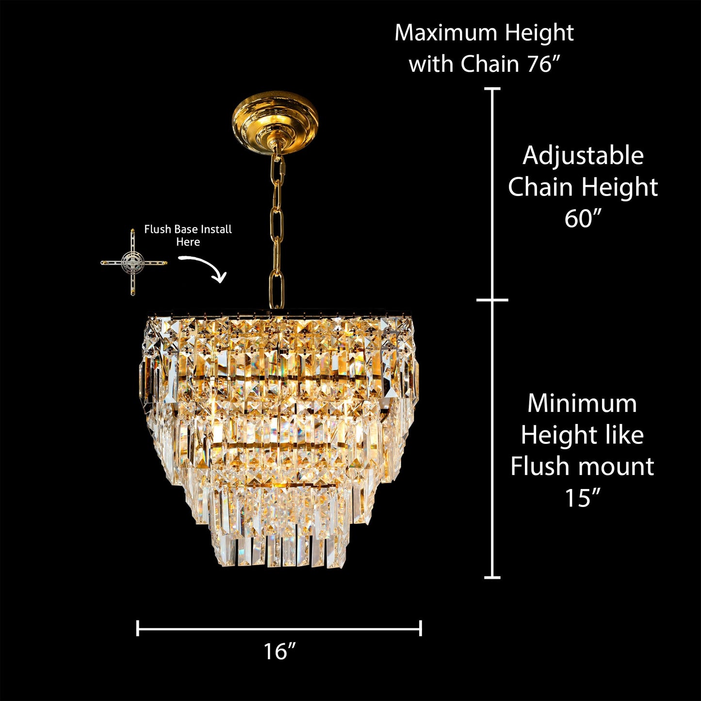 Gold 3 tier crystal chandelier 16 inch measurement diagram