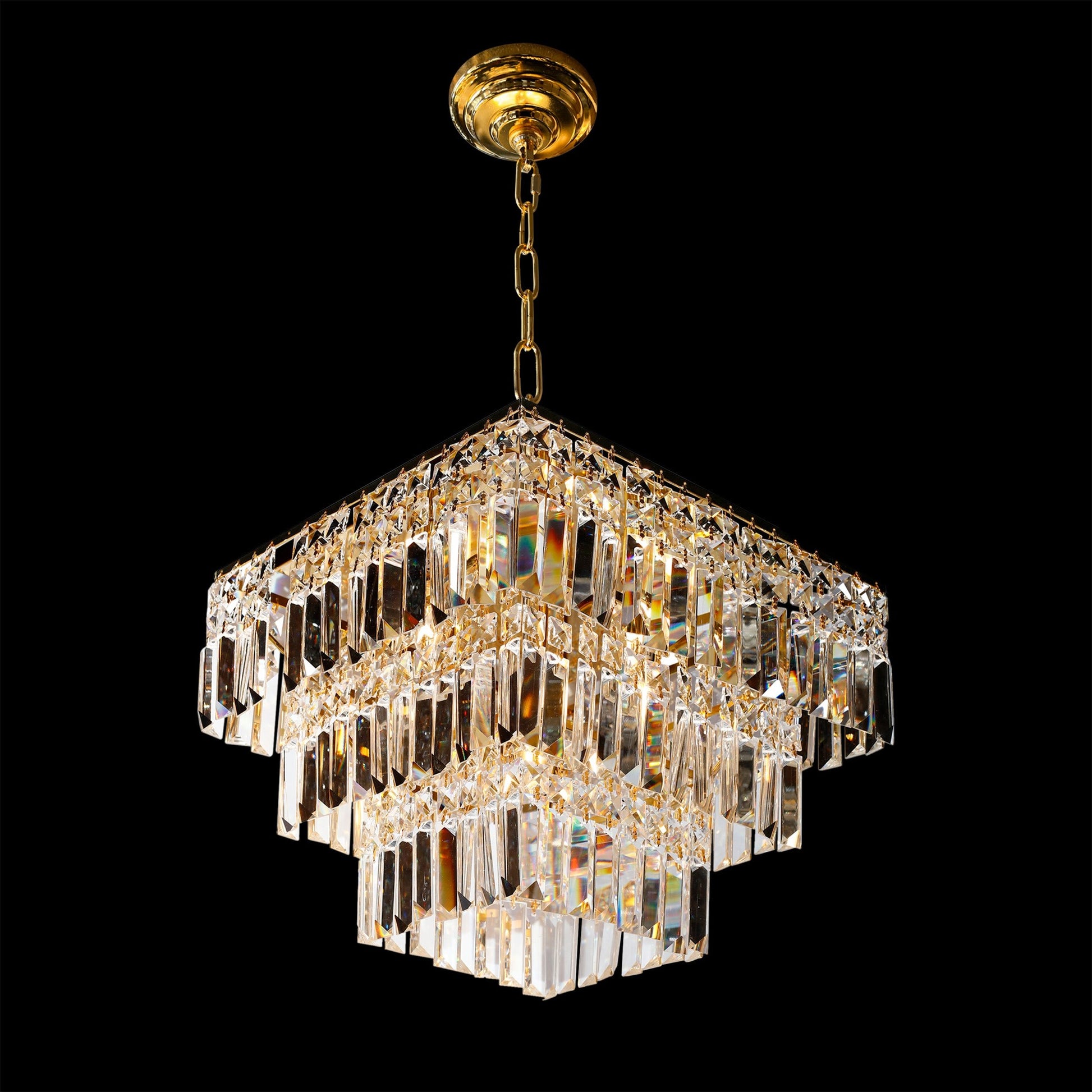 Luxury gold 3 tier crystal square chandelier 16 inch modern pendant light