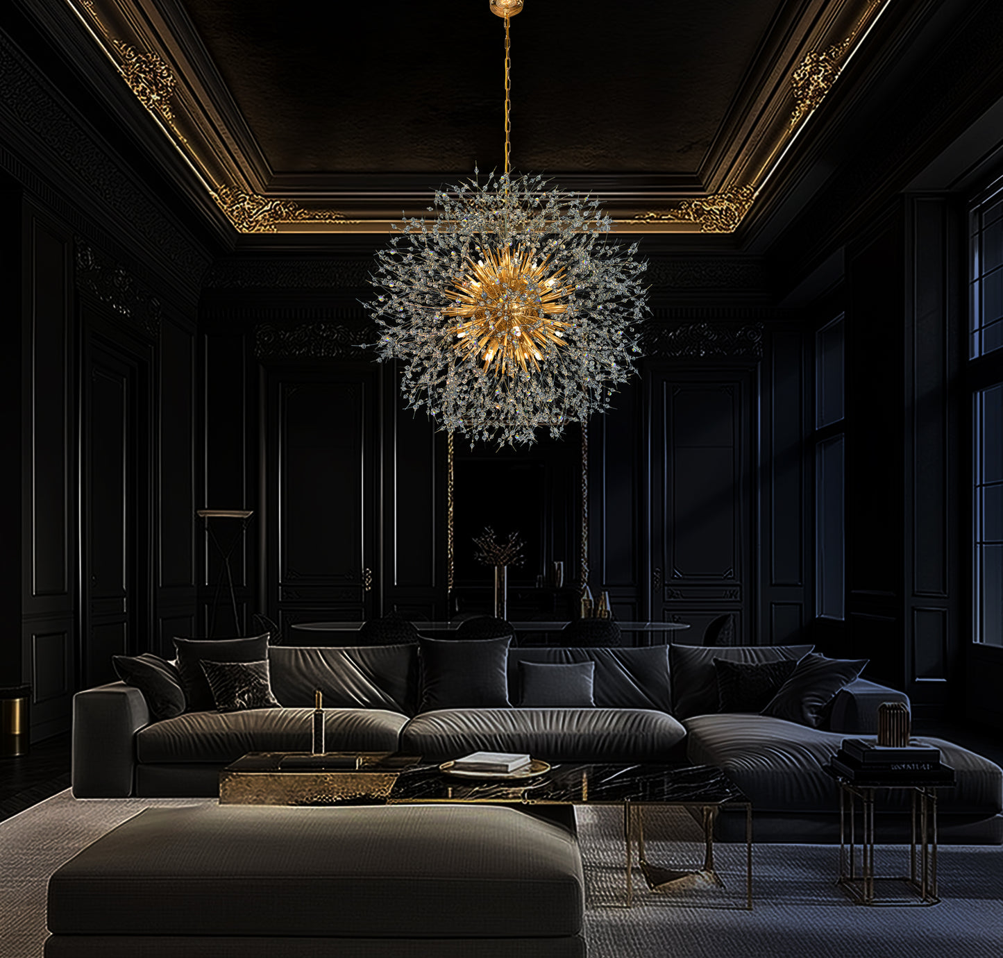 Gold starburst chandelier illuminating luxury living room