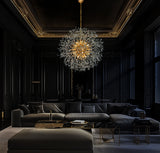 Gold starburst chandelier illuminating luxury living room
