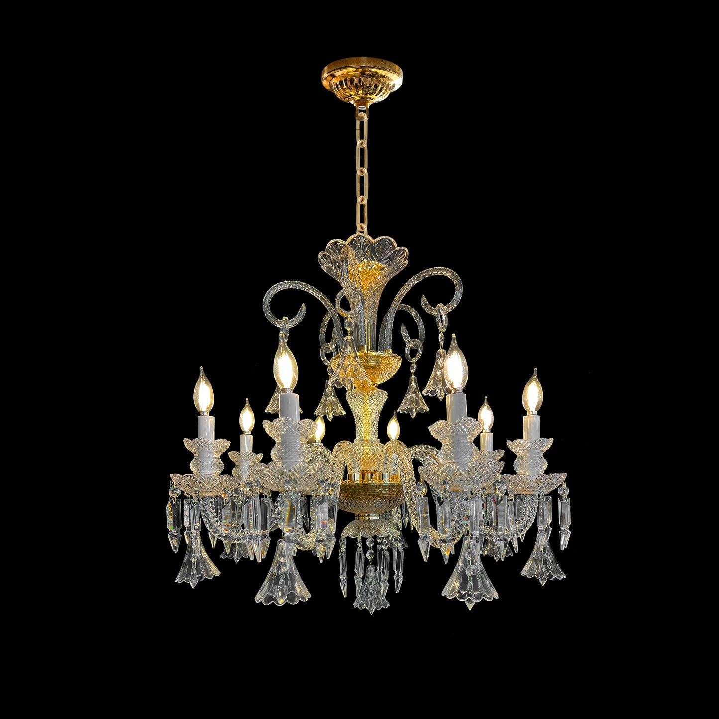 Gold Baroque style crystal chandelier with 8 lights on a black background.