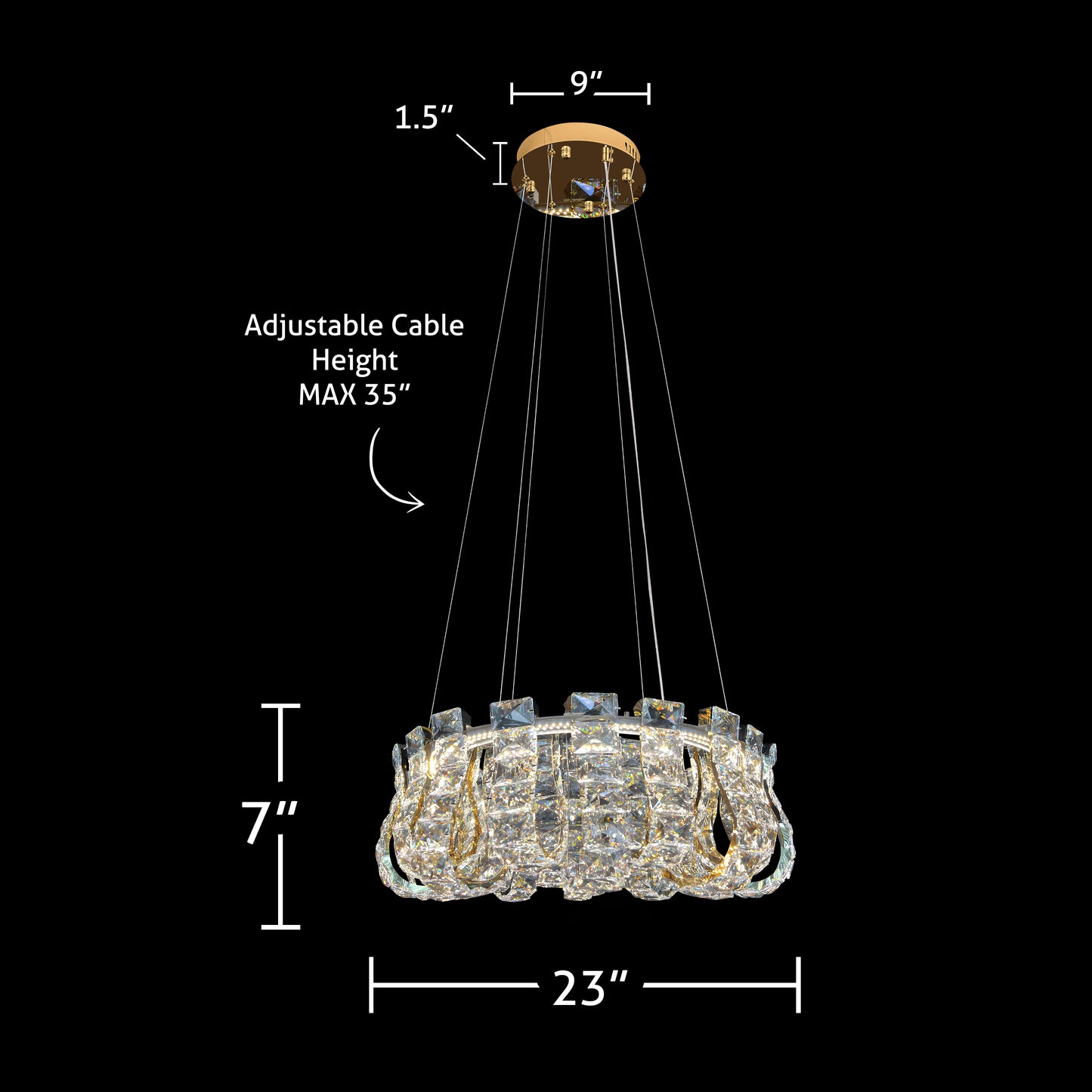 Technical dimensions diagram of 23-inch gold crystal chandelier showing adjustable height and size.
