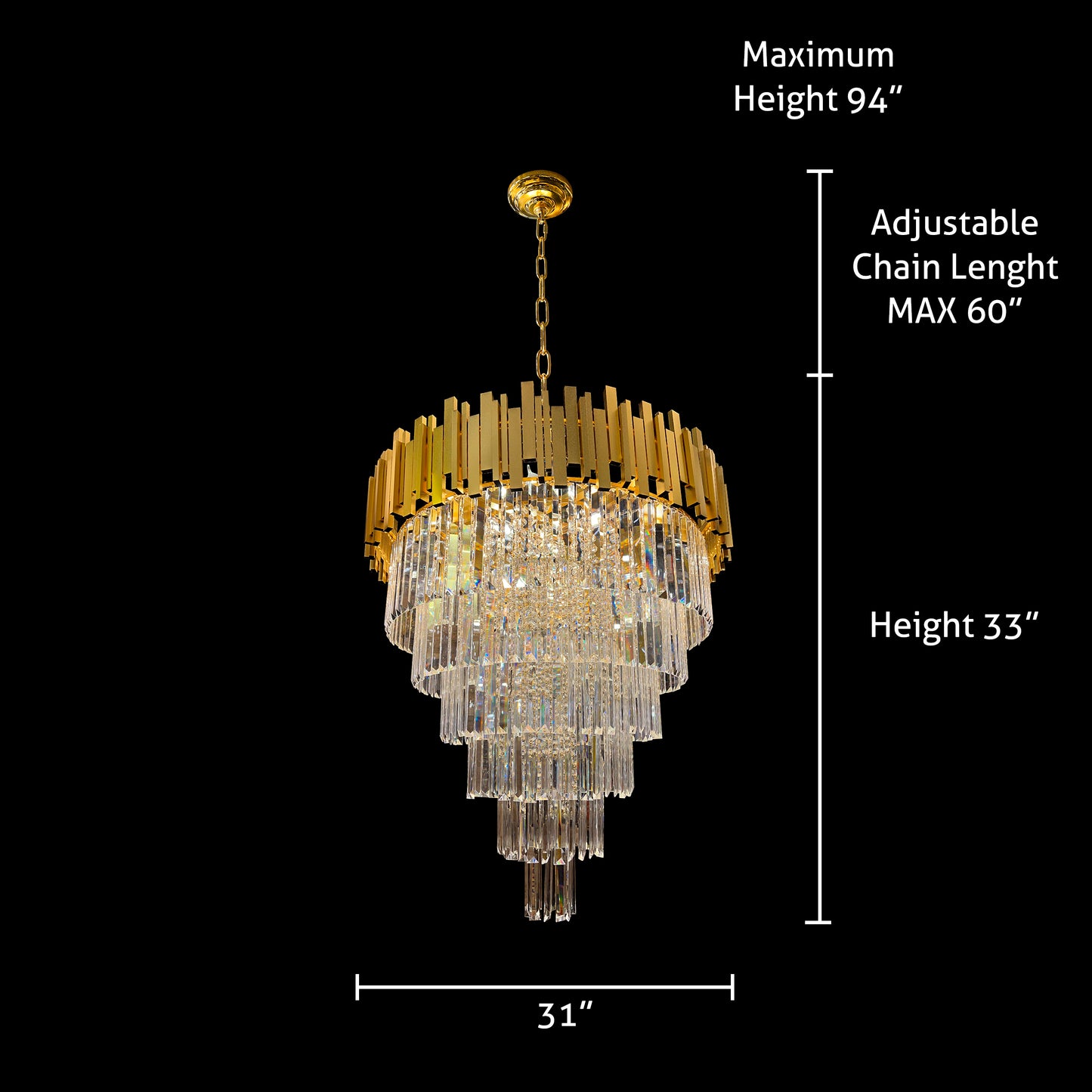 Dimensions of luxury gold crystal chandelier with adjustable chain and height measurements