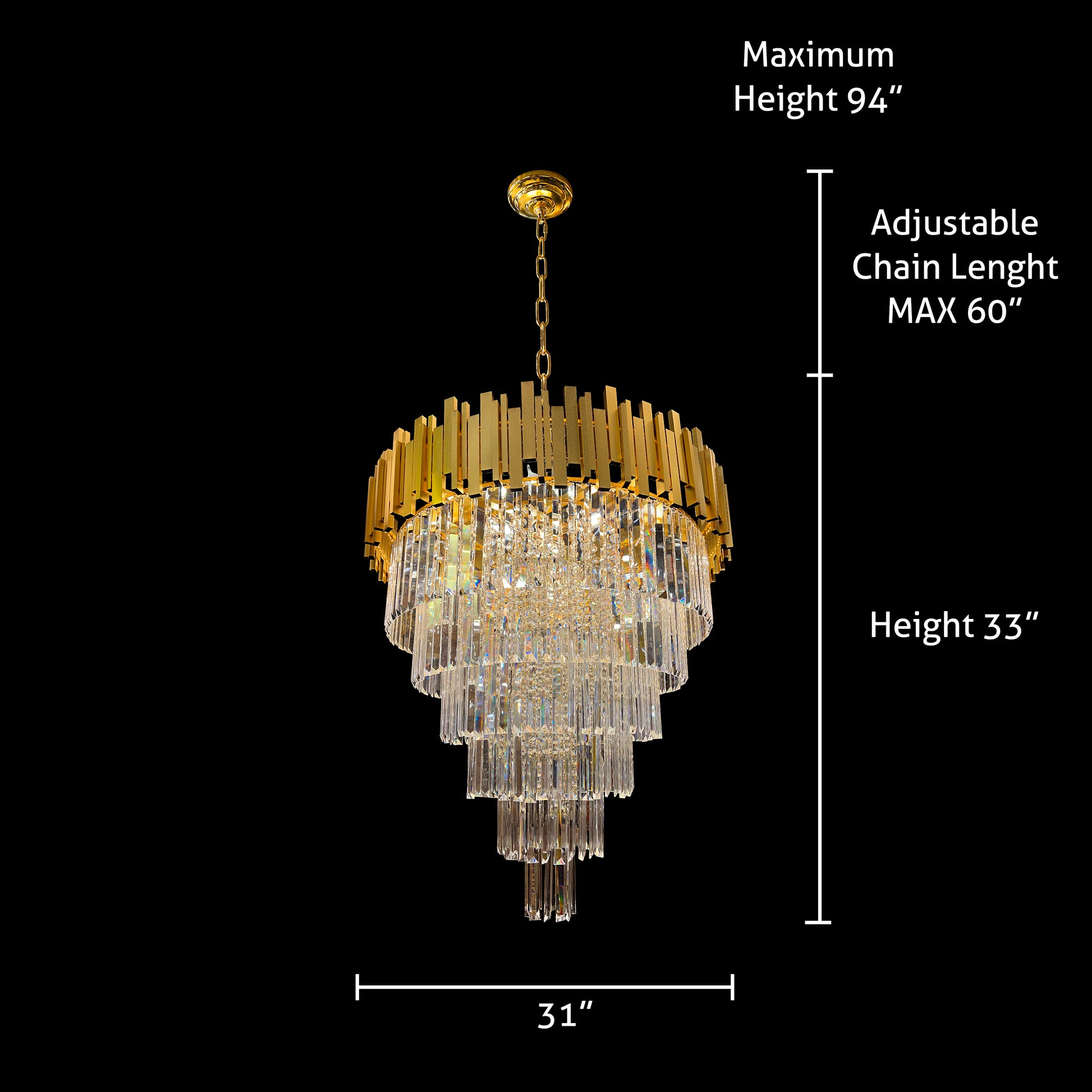 Dimensions of luxury gold crystal chandelier with adjustable chain and height measurements