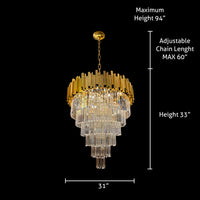 Dimensions of luxury gold crystal chandelier with adjustable chain and height measurements