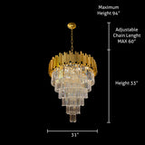 Dimensions of luxury gold crystal chandelier with adjustable chain and height measurements
