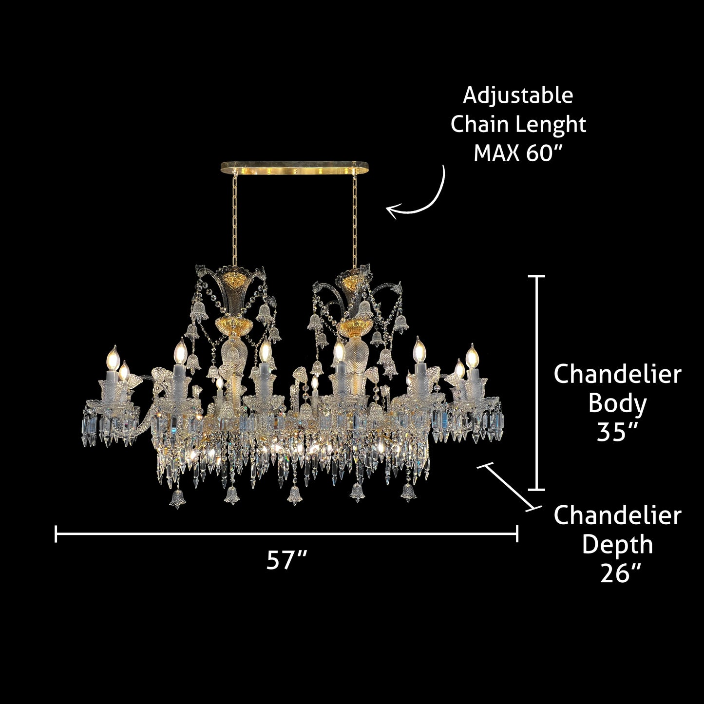 Dimension diagram of luxury French-inspired gold crystal chandelier, showing size and adjustable chain length.
