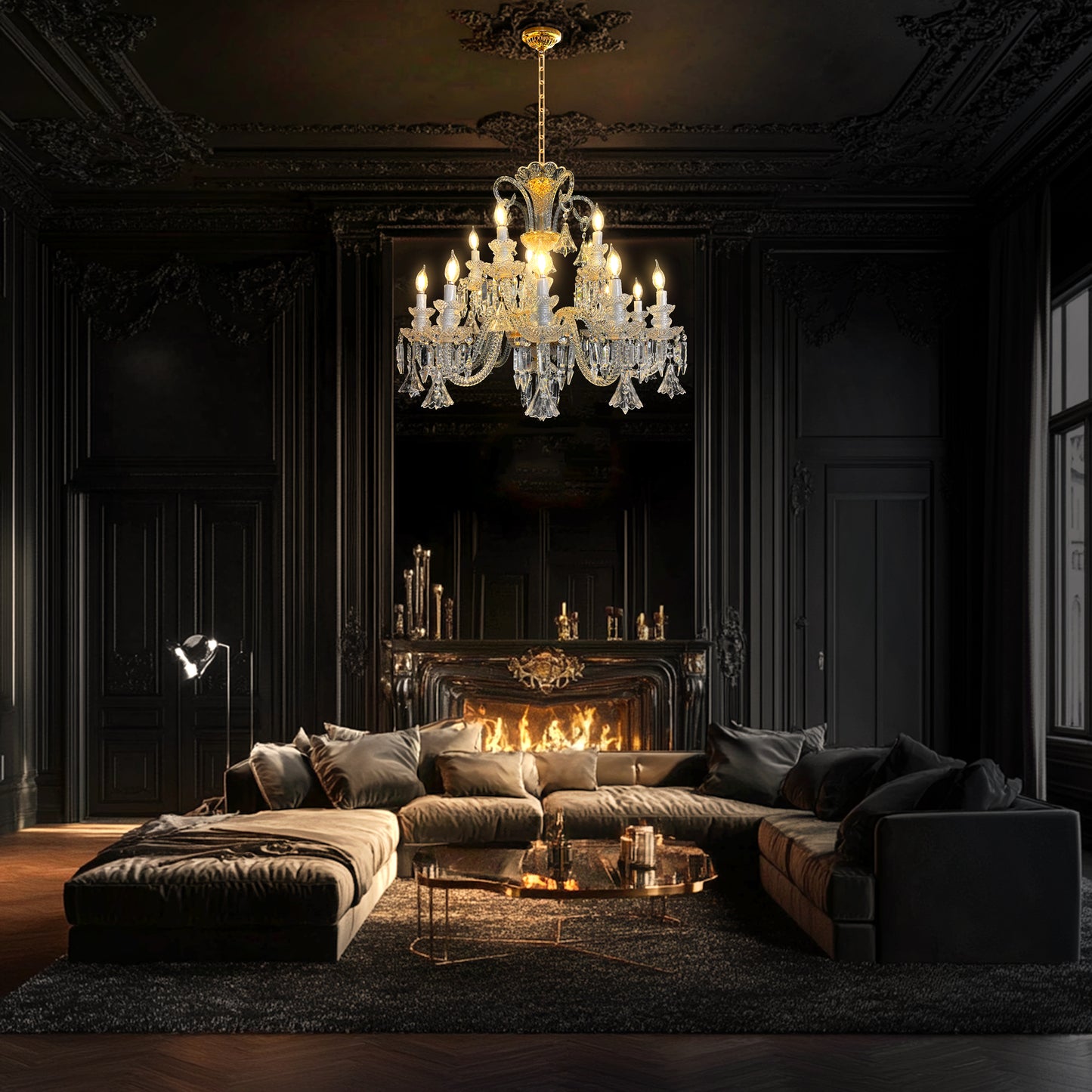 Gold Baroque style crystal chandelier with 15 lights, illuminating a luxury interior.