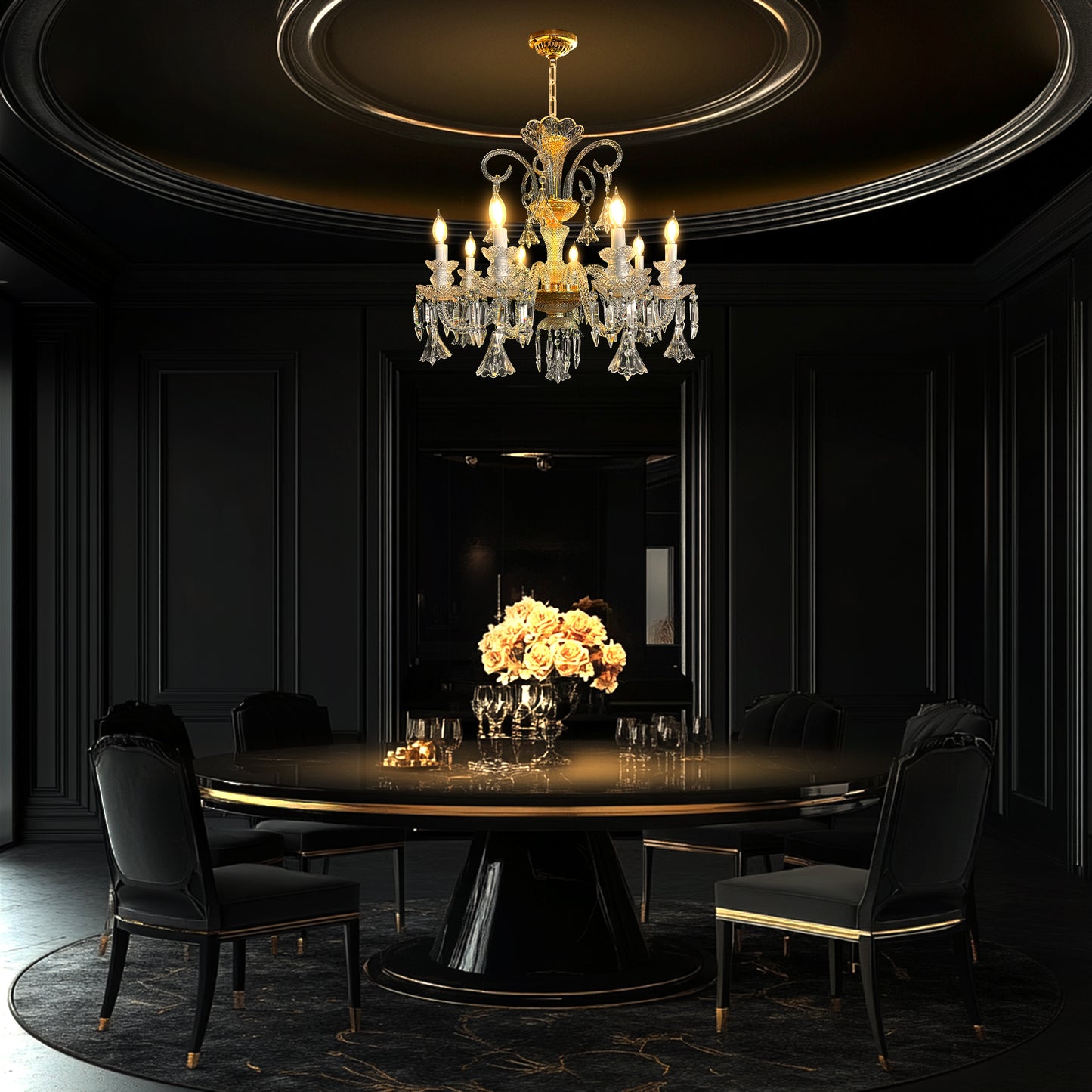 Elegant gold Baroque style crystal chandelier with 8 lights, hanging above a round dining table in a luxury interior.