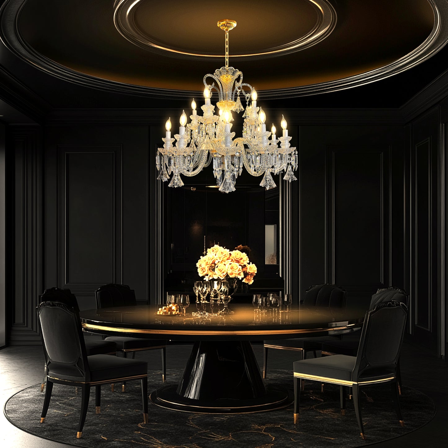Elegant gold Baroque style crystal chandelier with 15 lights, hanging above a round dining table in a luxury interior.