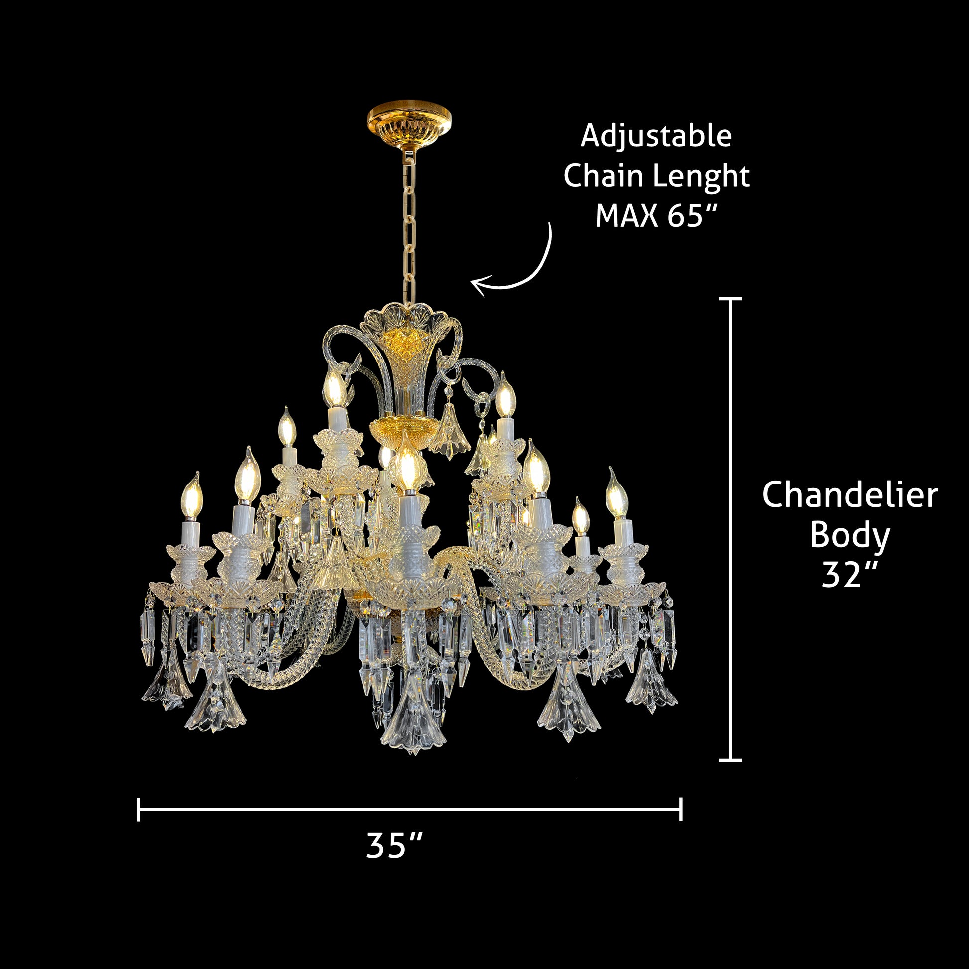 Dimensions diagram of a 35 inch gold crystal chandelier with adjustable chain length and 32 inch body height.