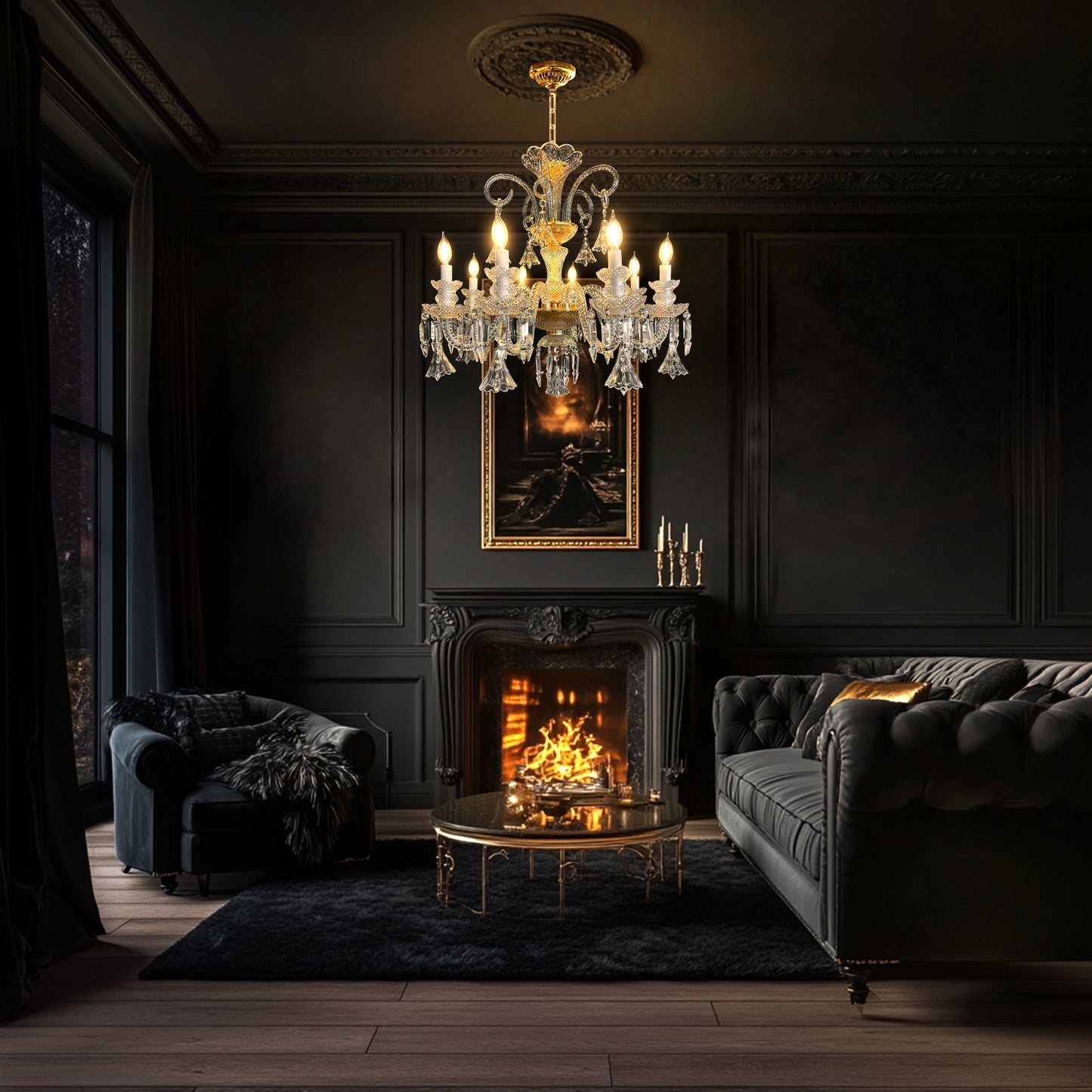 Elegant gold and crystal chandelier hanging in a dark luxury living room, highlighting its baroque design and warm illumination.