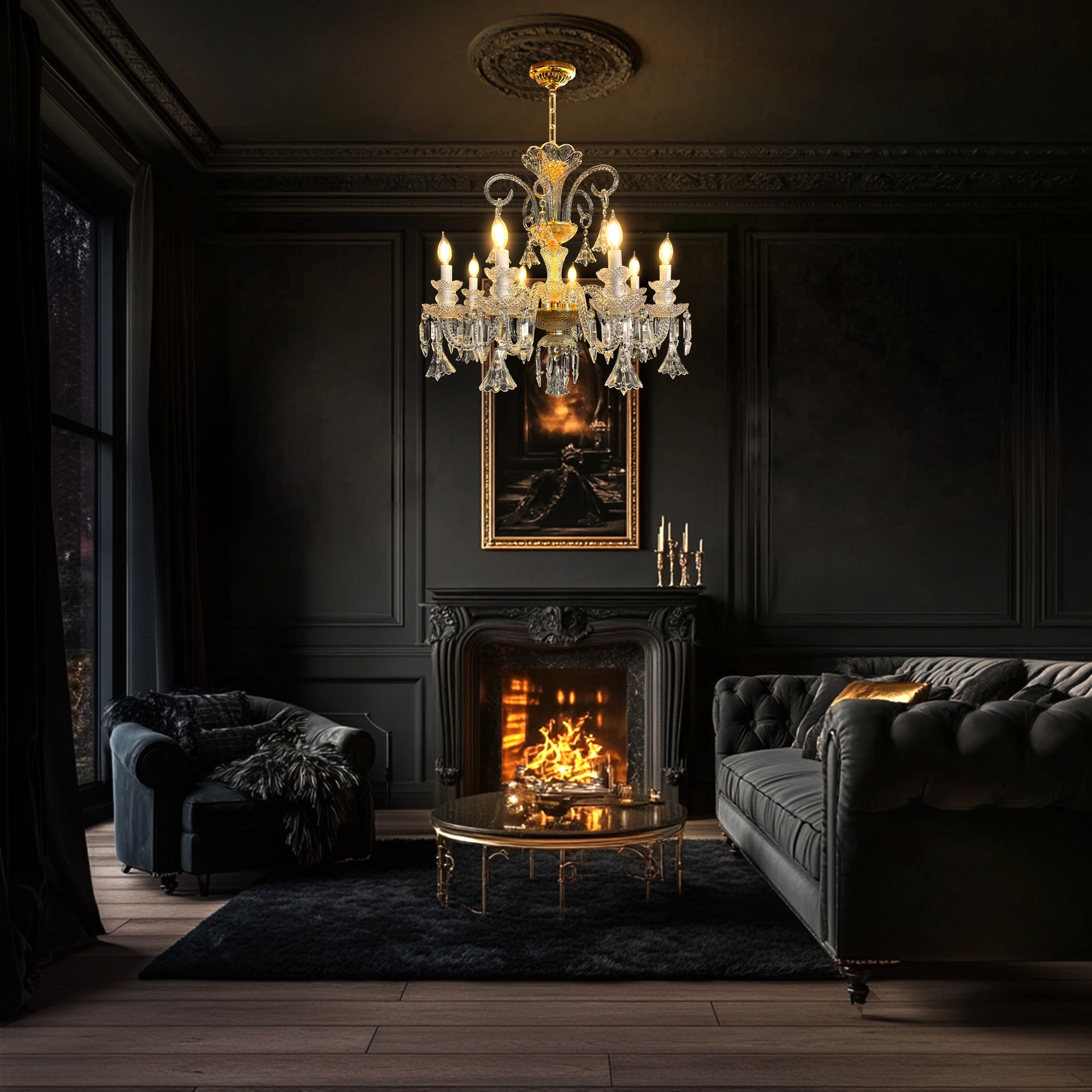 Elegant gold and crystal chandelier hanging in a dark luxury living room, highlighting its baroque design and warm illumination.