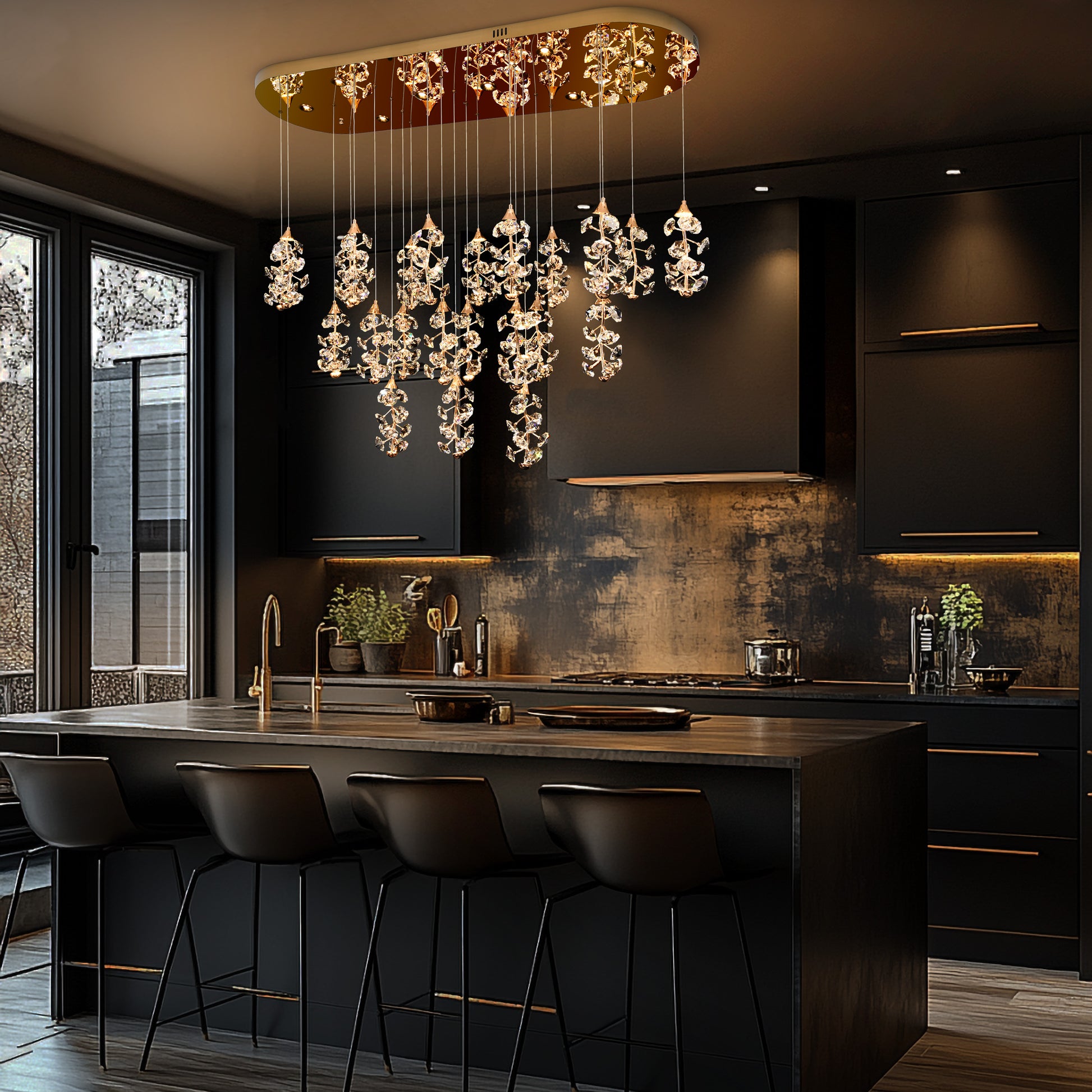 A modern luxury gold crystal linear LED chandelier with multiple lights, hanging in a stylish modern kitchen setting.