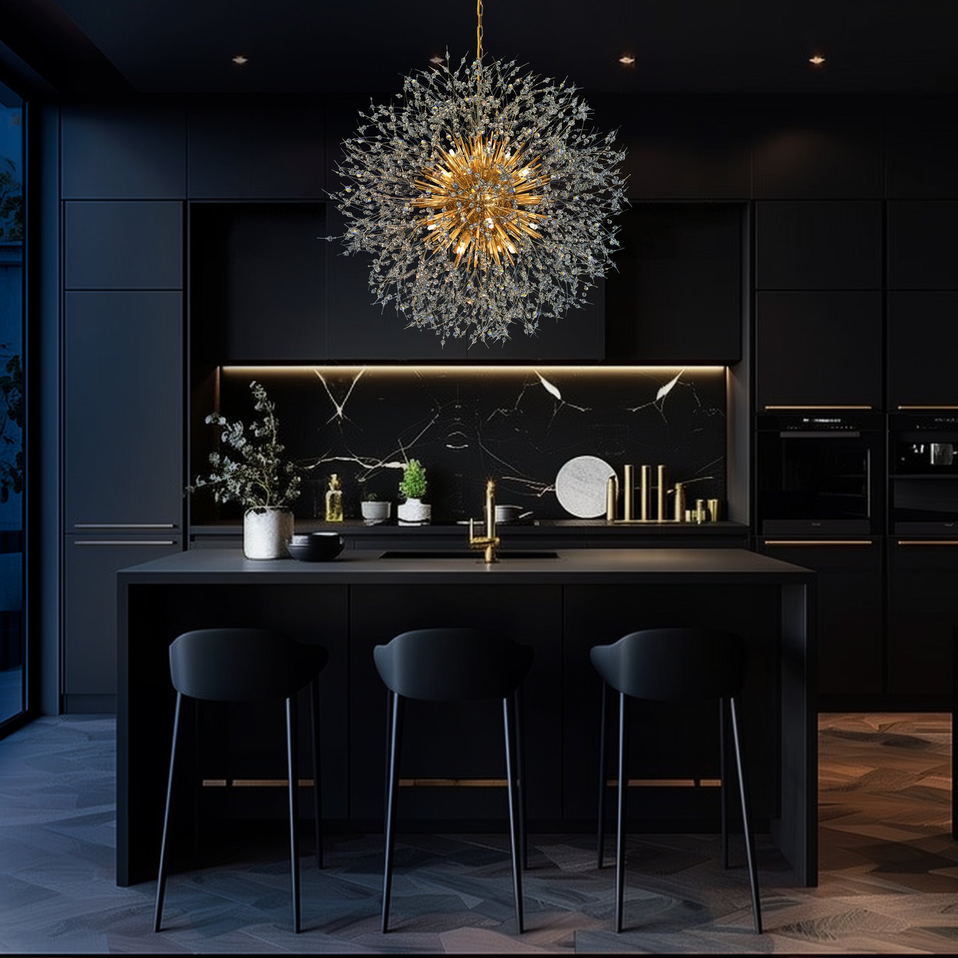 Elegant gold starburst chandelier lighting above kitchen island
