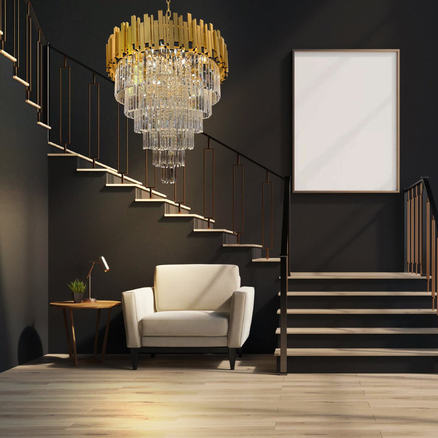 Luxurious staircase with a chandelier, white armchair, and framed artwork in a dark room.