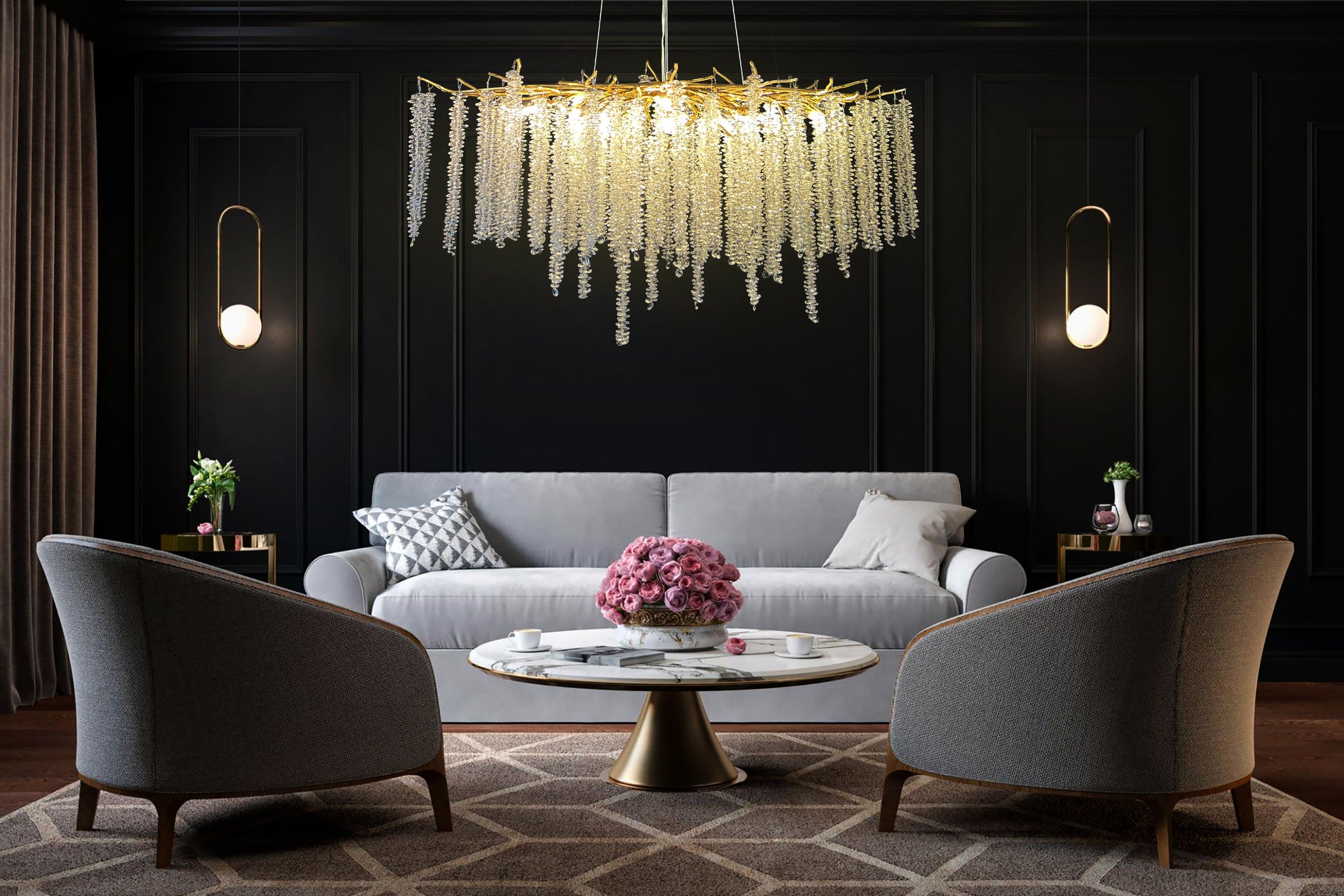 Dimmable warm gold linear chandelier lighting modern living room 