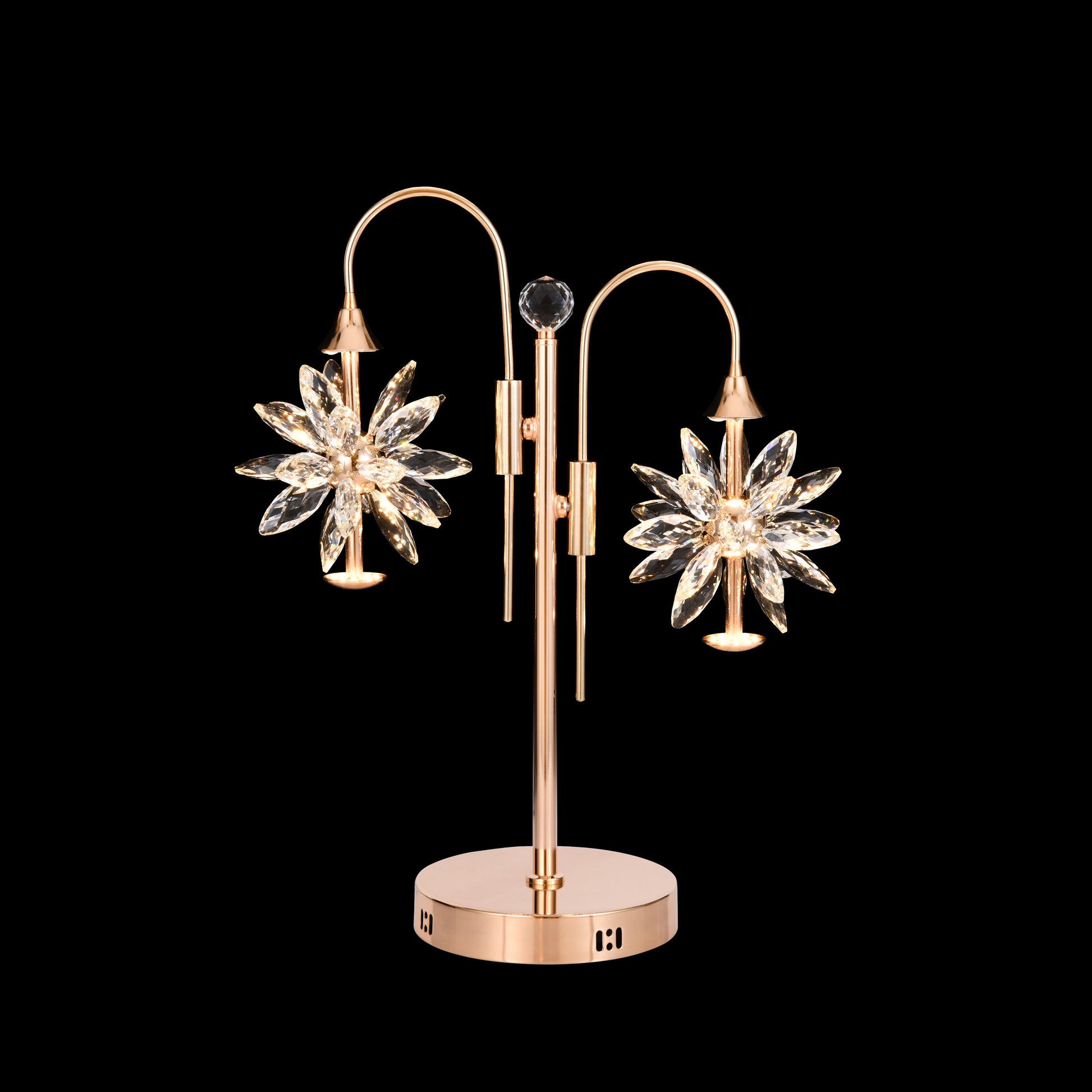 A gold-finished, stainless steel LED table lamp with two crystal starburst-shaped shades, designed for home and office decor.
