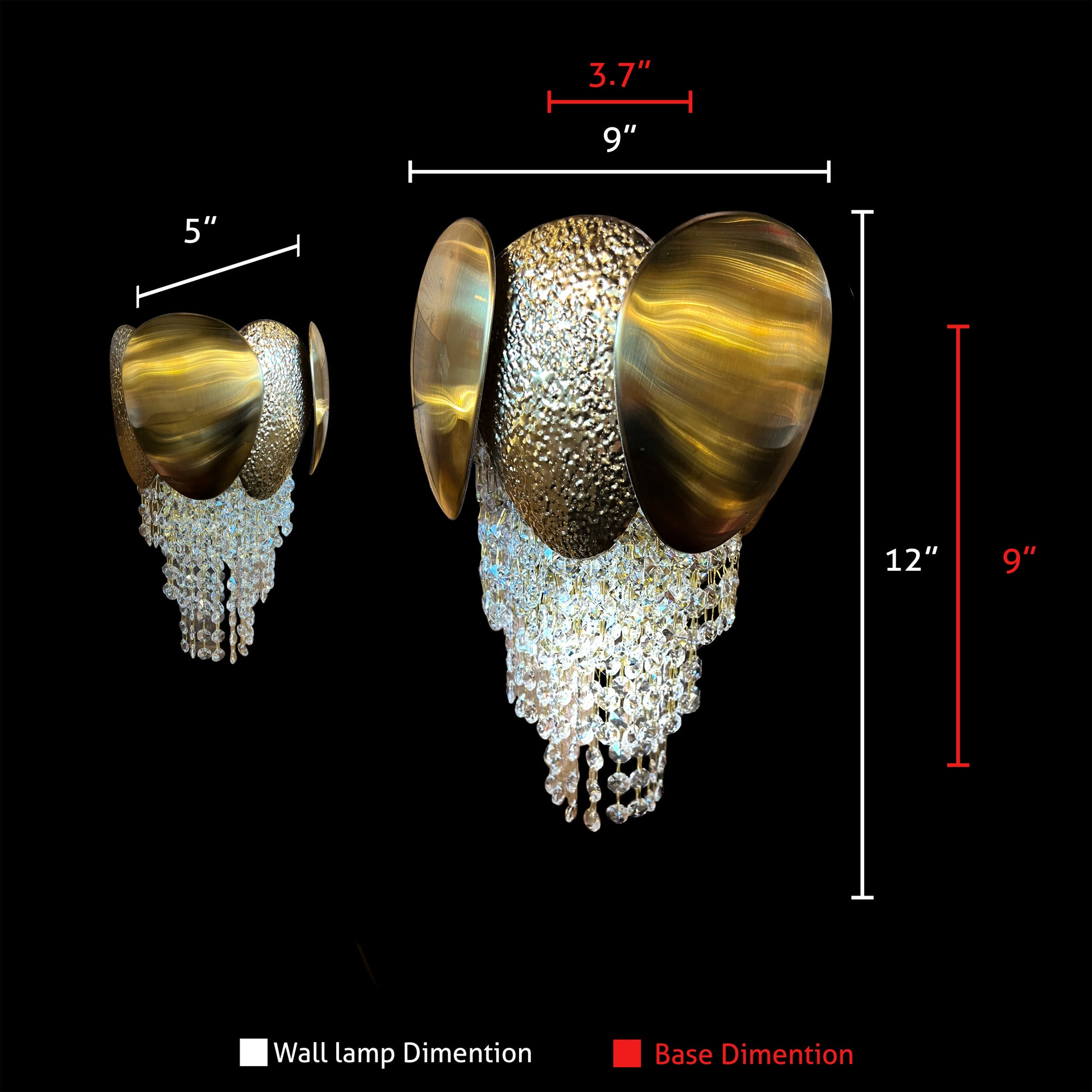 9 inch gold crystal wall sconce size and dimensions diagram