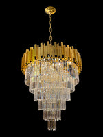 Luxury gold crystal waterfall chandelier with tiered glass rods on black background
