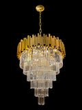 Luxury gold crystal waterfall chandelier with tiered glass rods on black background