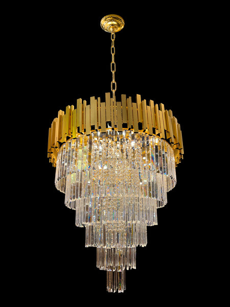 Luxury gold crystal waterfall chandelier with tiered glass rods on black background