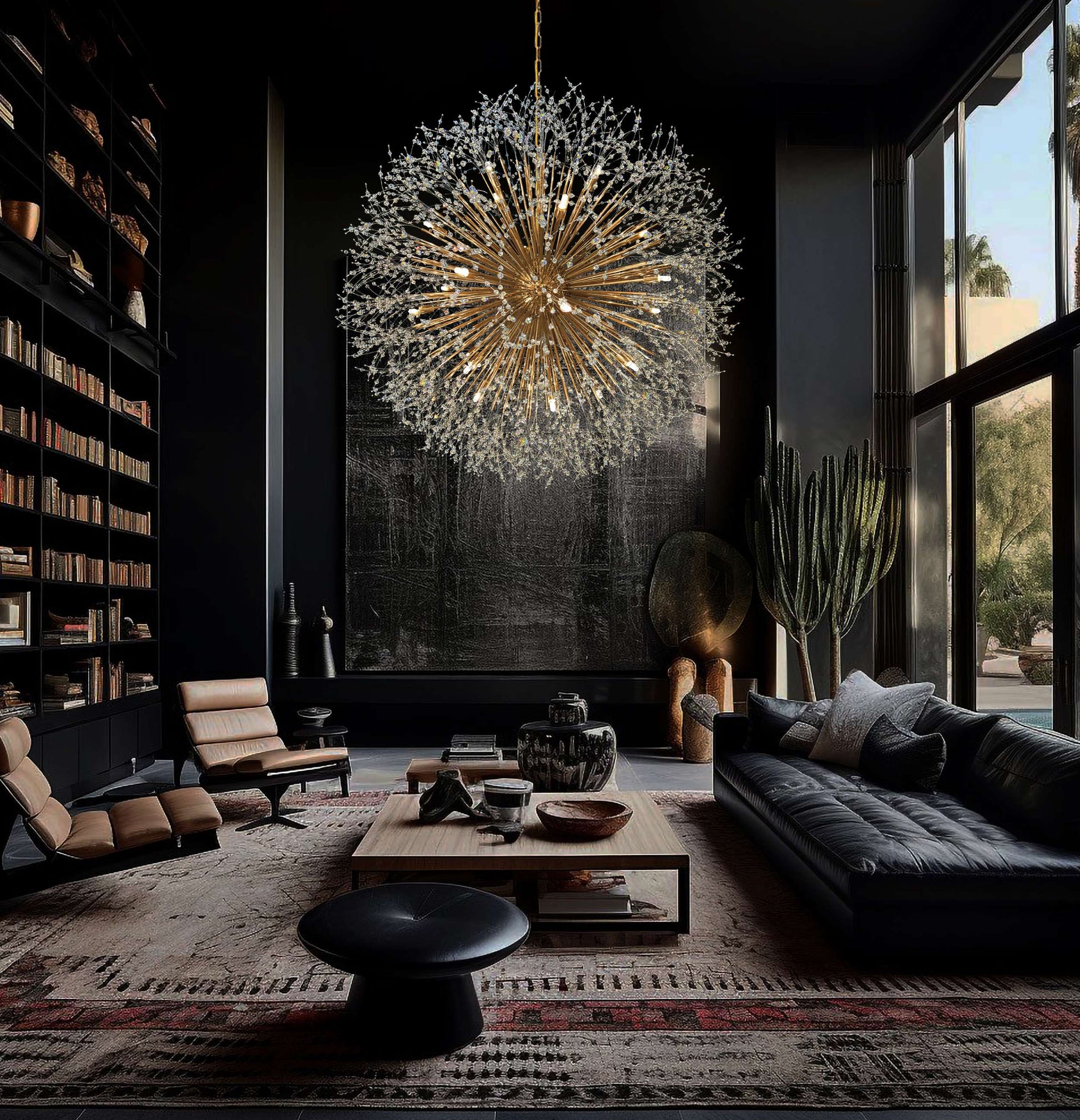A luxurious gold crystal starburst chandelier hanging in a well-lit room with high ceilings, featuring a sophisticated design with sparkling nano-cut crystal beads.