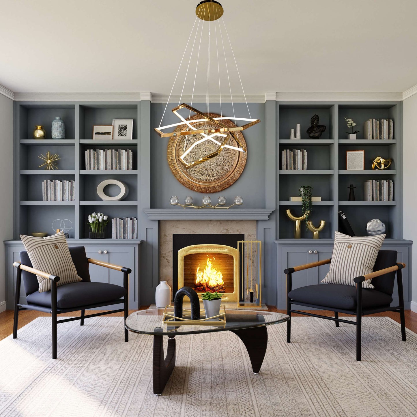 gold geometric LED chandelier styled in modern living room