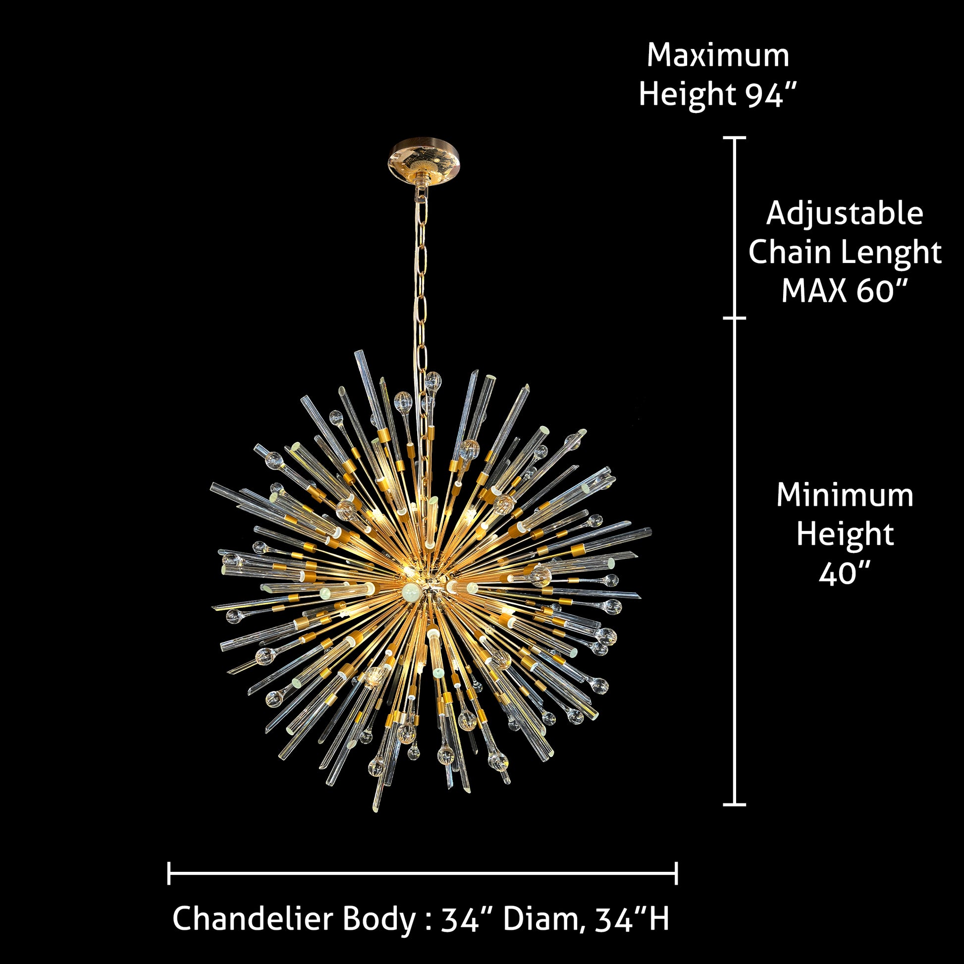34" detailed size view of gold pendant chandelier with chain and canopy.