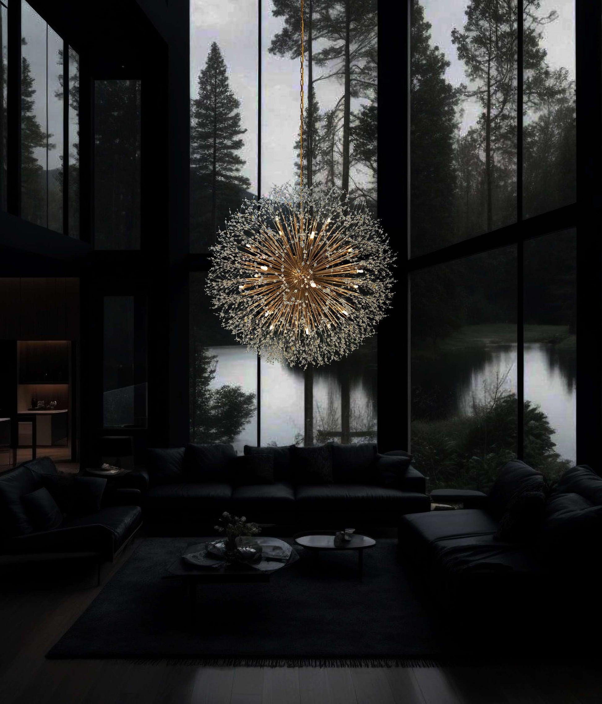 Gold starburst chandelier for High ceiling  living room with radiant sparkle