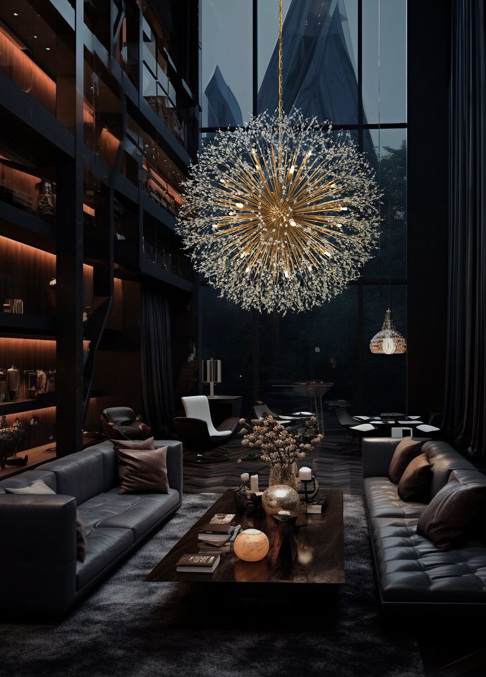 Elegant gold crystal chandelier lighting large modern office interior