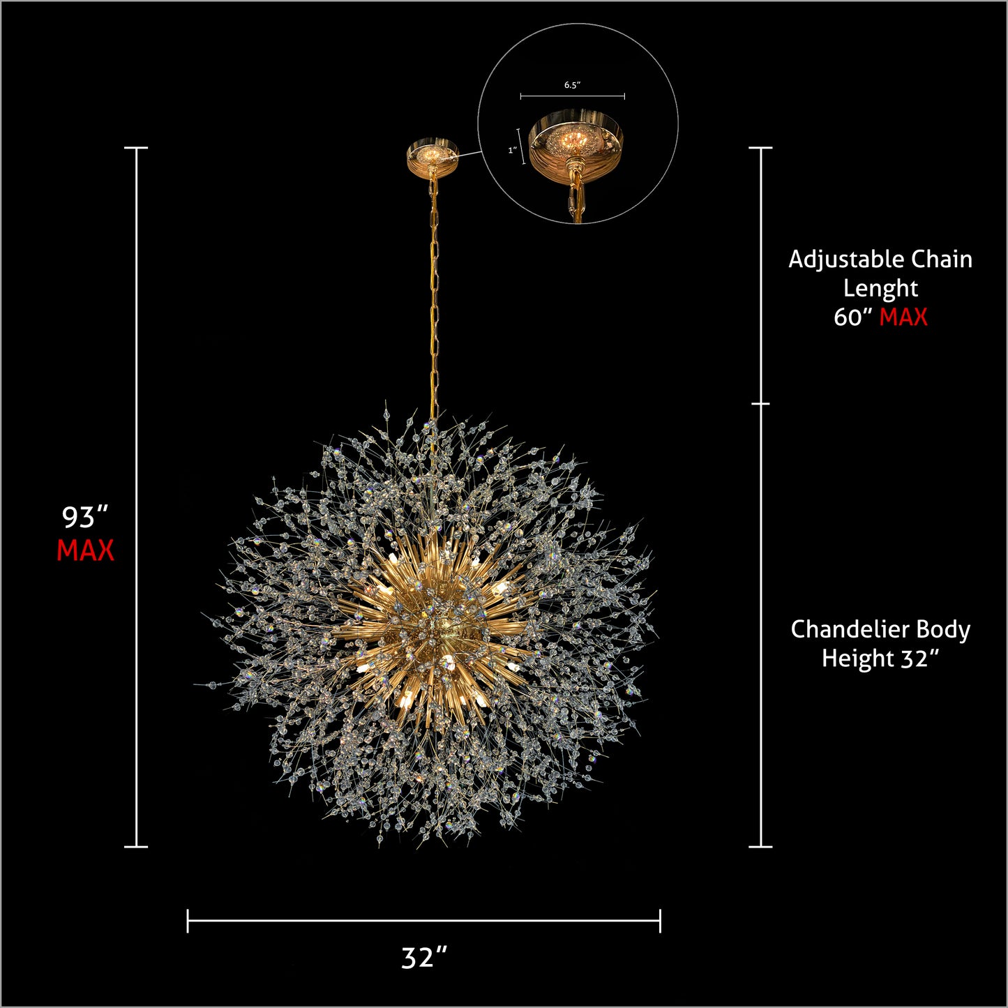 32 inch gold starburst crystal chandelier size dimensions