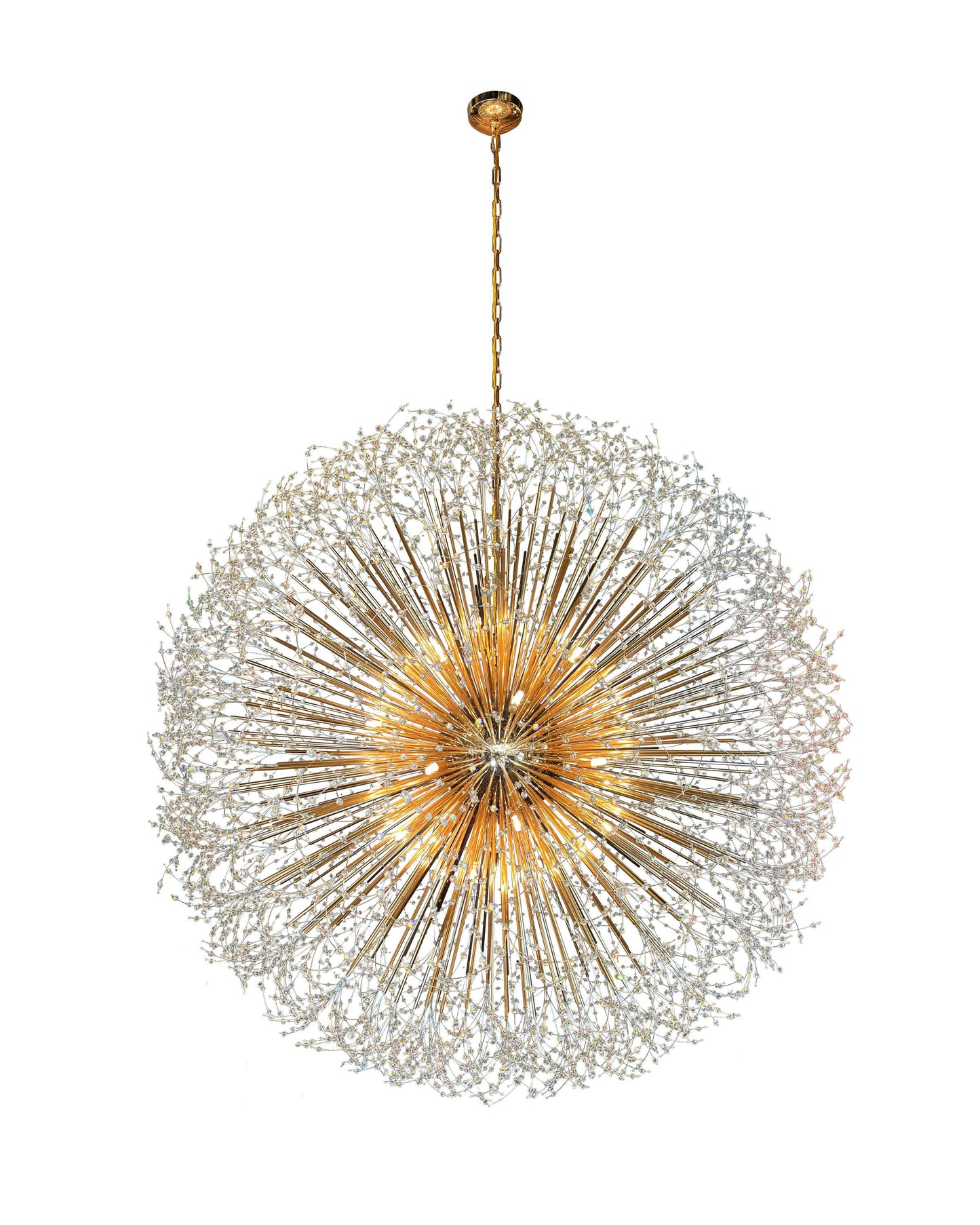 Golden crystal chandelier radiating warm 2700K glow from dimmable bulbs
