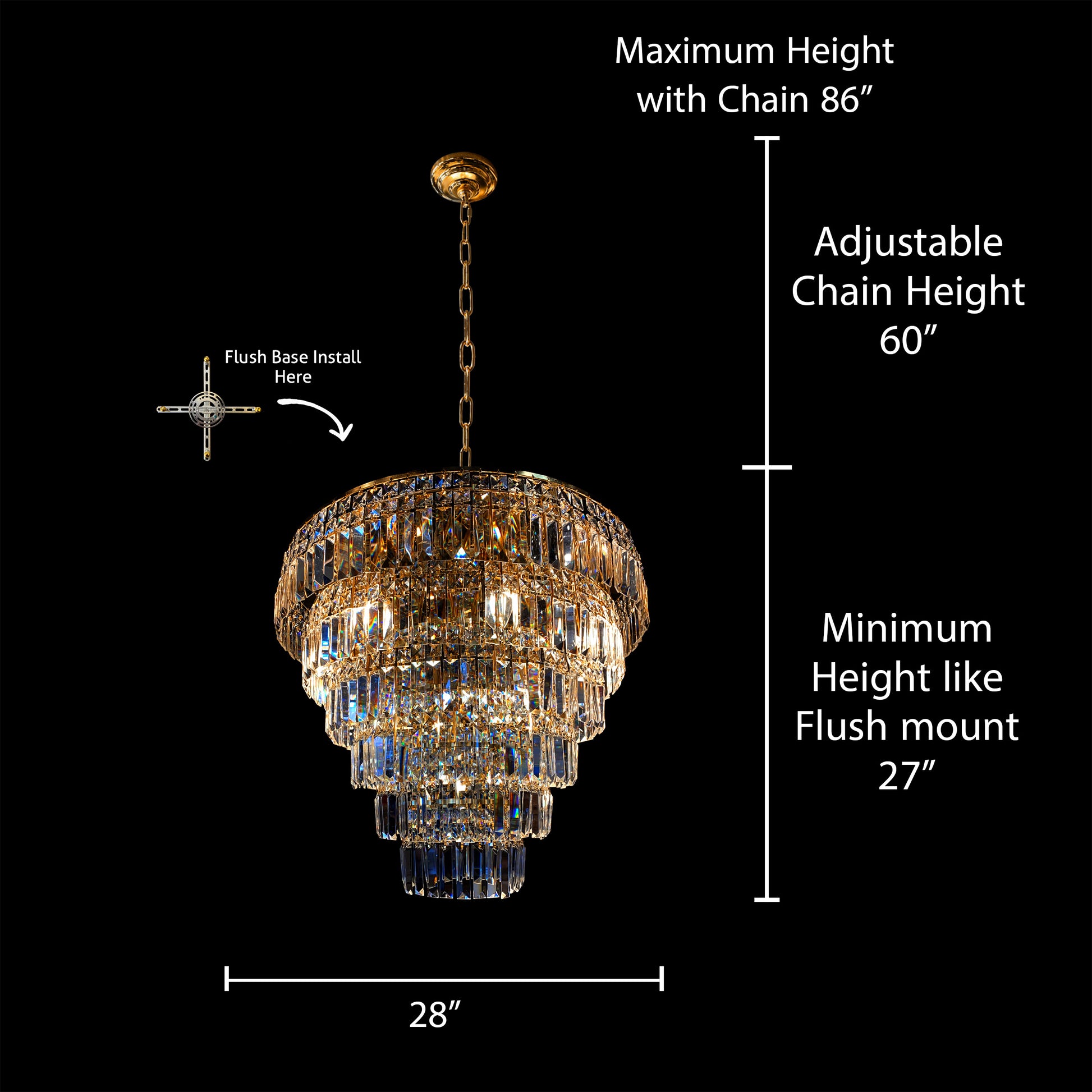 Dimension diagram showing adjustable chain and chandelier height