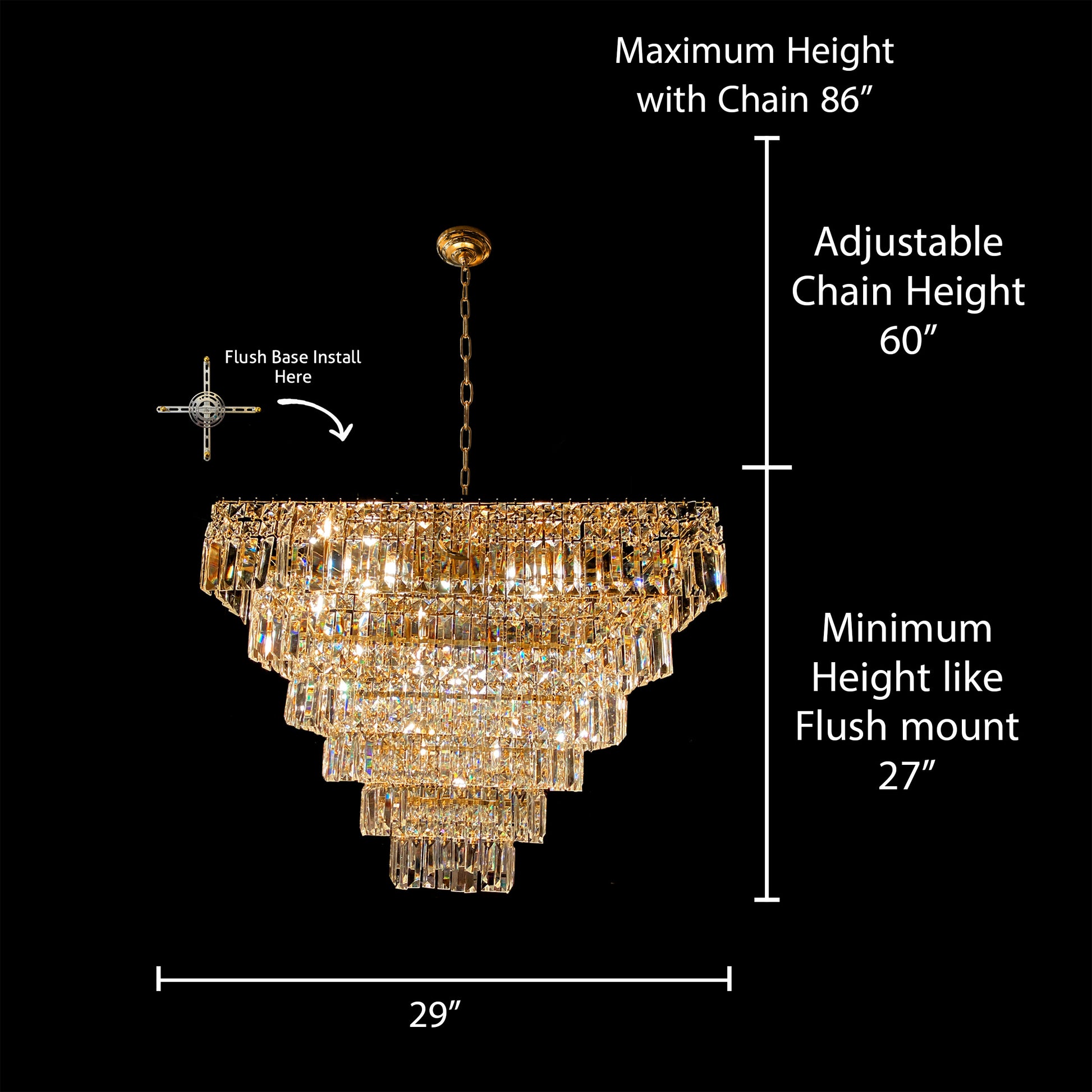 29 inch Detailed size diagram showing height and width of 6-tier crystal chandelier
