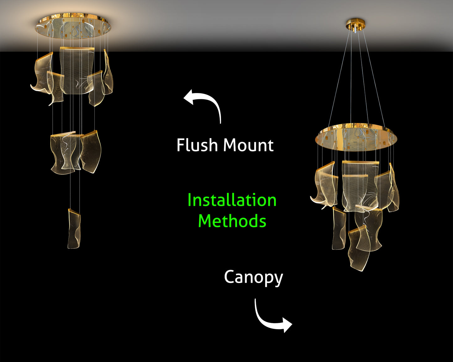 Installation options for gold  LED chandelier showing flush mount and canopy suspension
